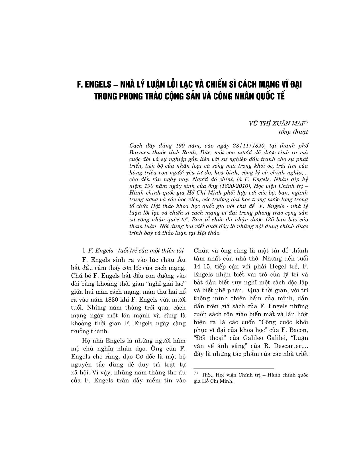 F. Engels – Nhà lý luận lỗi lạc và chiến sĩ cách mạng vĩ đại trong phong trào cộng sản và công nhân quốc tế trang 1