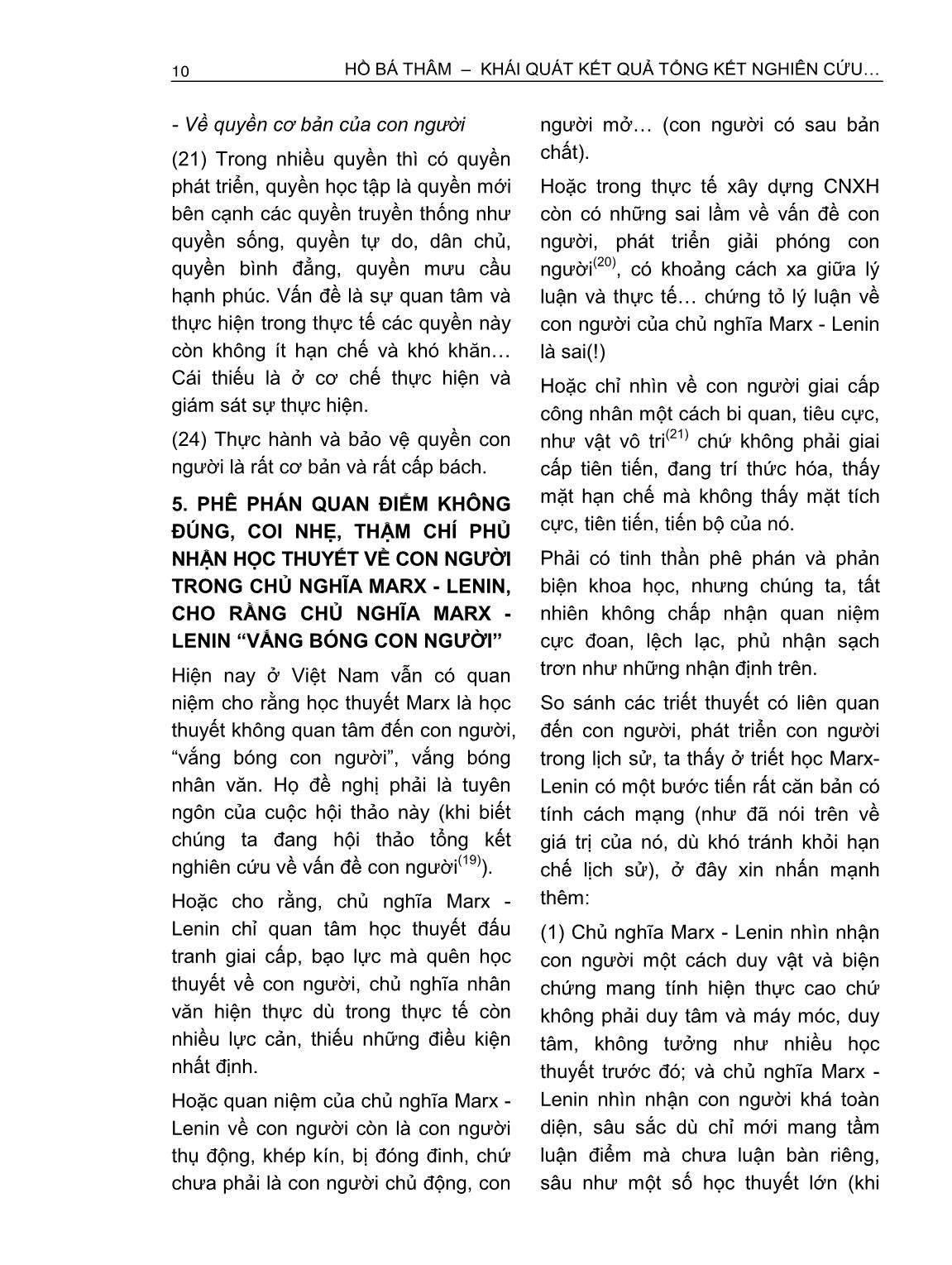 Khái quát kết quả tổng kết nghiên cứu các vấn đề con người, giá trị và vị trí của nó trong chủ nghĩa Marx-Lênin, bổ sung và phát triển - Vấn đề đặt ra hiện nay trang 10
