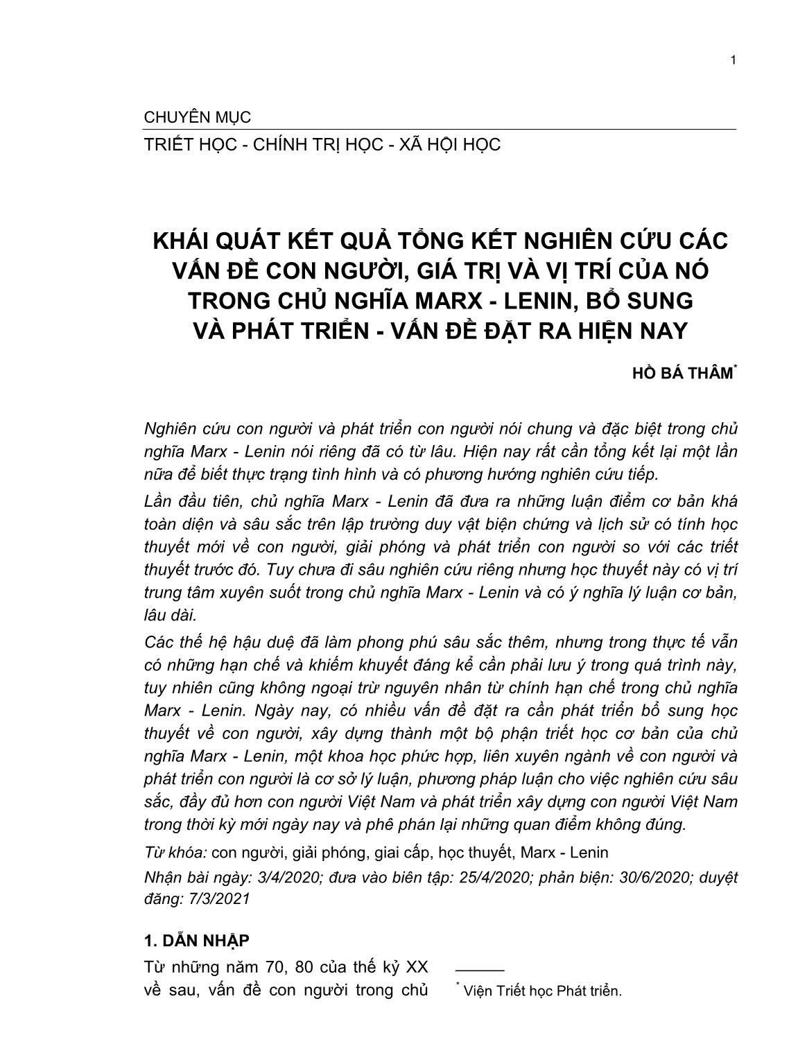 Khái quát kết quả tổng kết nghiên cứu các vấn đề con người, giá trị và vị trí của nó trong chủ nghĩa Marx-Lênin, bổ sung và phát triển - Vấn đề đặt ra hiện nay trang 1