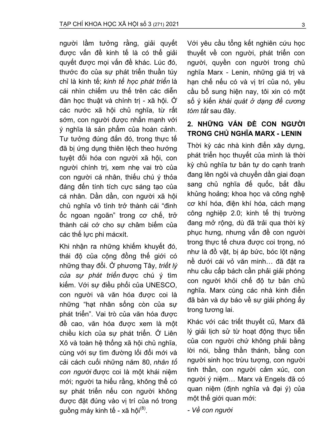 Khái quát kết quả tổng kết nghiên cứu các vấn đề con người, giá trị và vị trí của nó trong chủ nghĩa Marx-Lênin, bổ sung và phát triển - Vấn đề đặt ra hiện nay trang 3