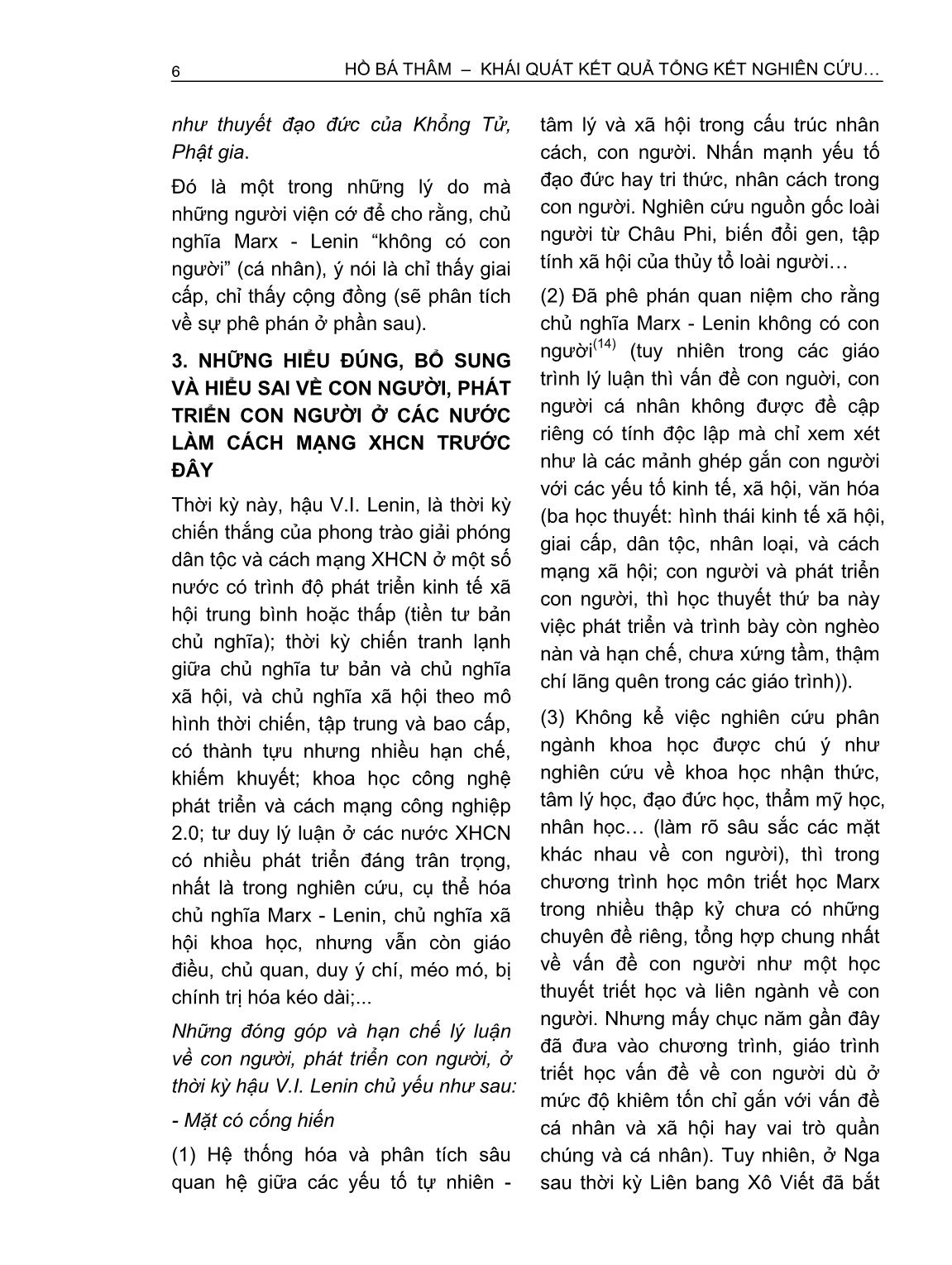Khái quát kết quả tổng kết nghiên cứu các vấn đề con người, giá trị và vị trí của nó trong chủ nghĩa Marx-Lênin, bổ sung và phát triển - Vấn đề đặt ra hiện nay trang 6