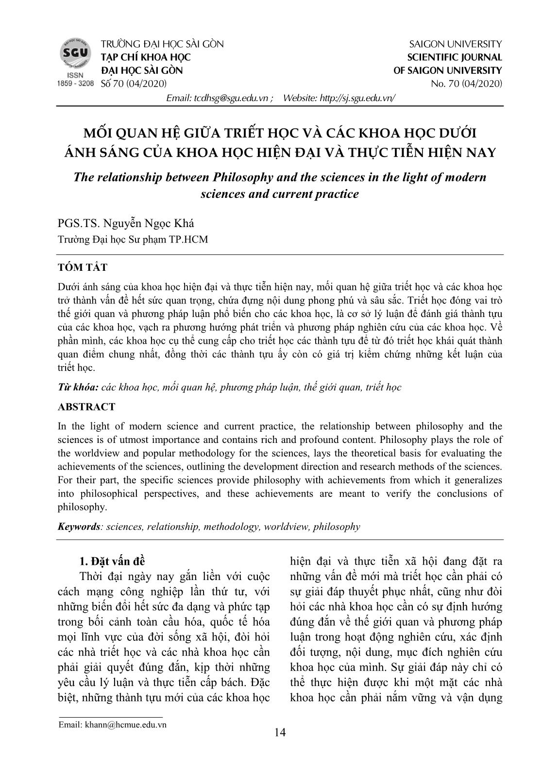 Mối quan hệ giữa triết học và các khoa học dưới ánh sáng của khoa học hiện đại và thực tiễn hiện nay trang 1