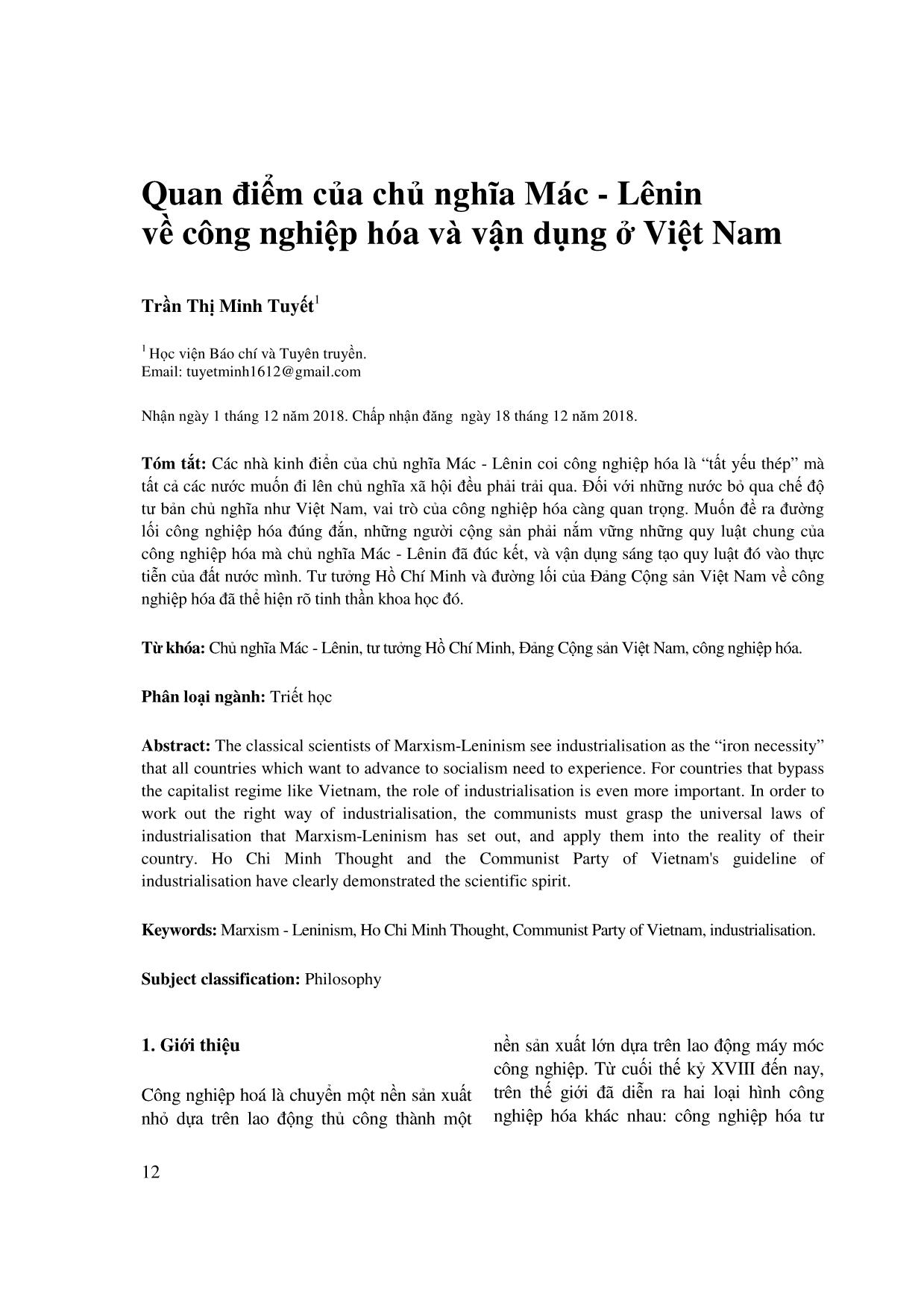 Quan điểm của chủ nghĩa Mác-Lênin về công nghiệp hóa và vận dụng ở Việt Nam trang 1