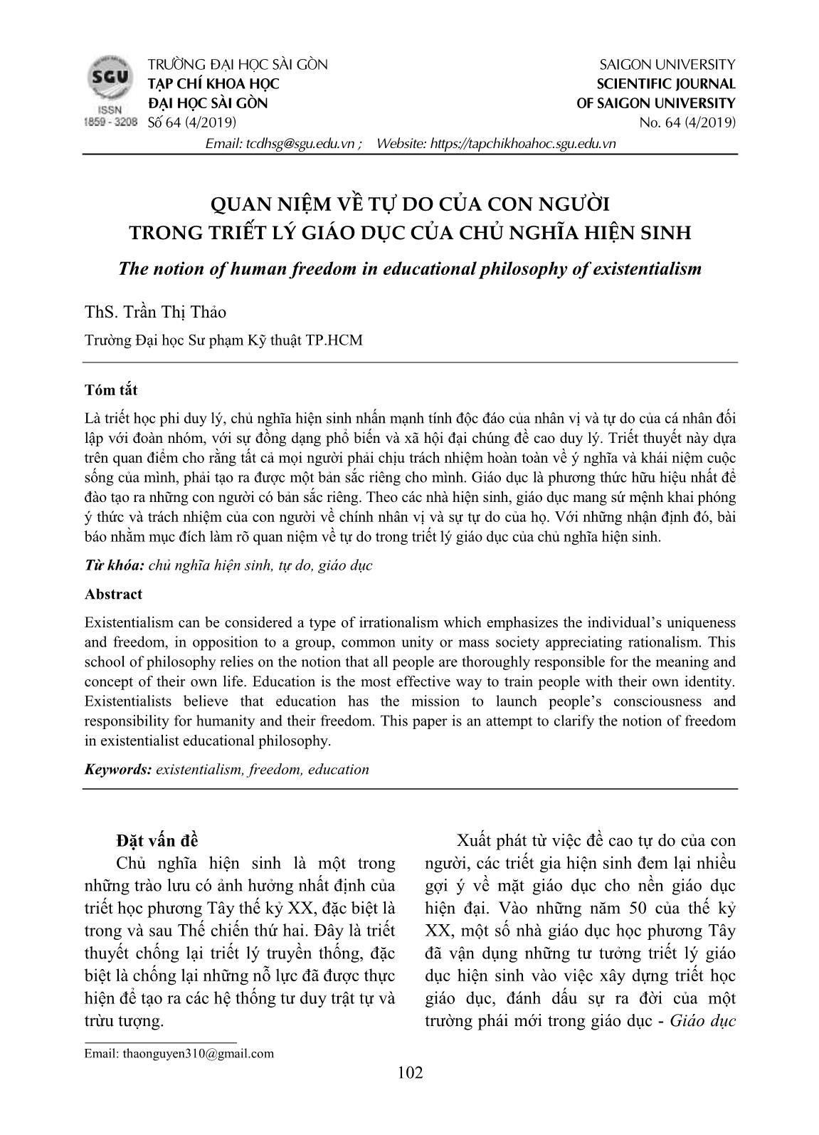 Quan niệm về tự do của con người trong triết lý giáo dục của chủ nghĩa hiện sinh trang 1