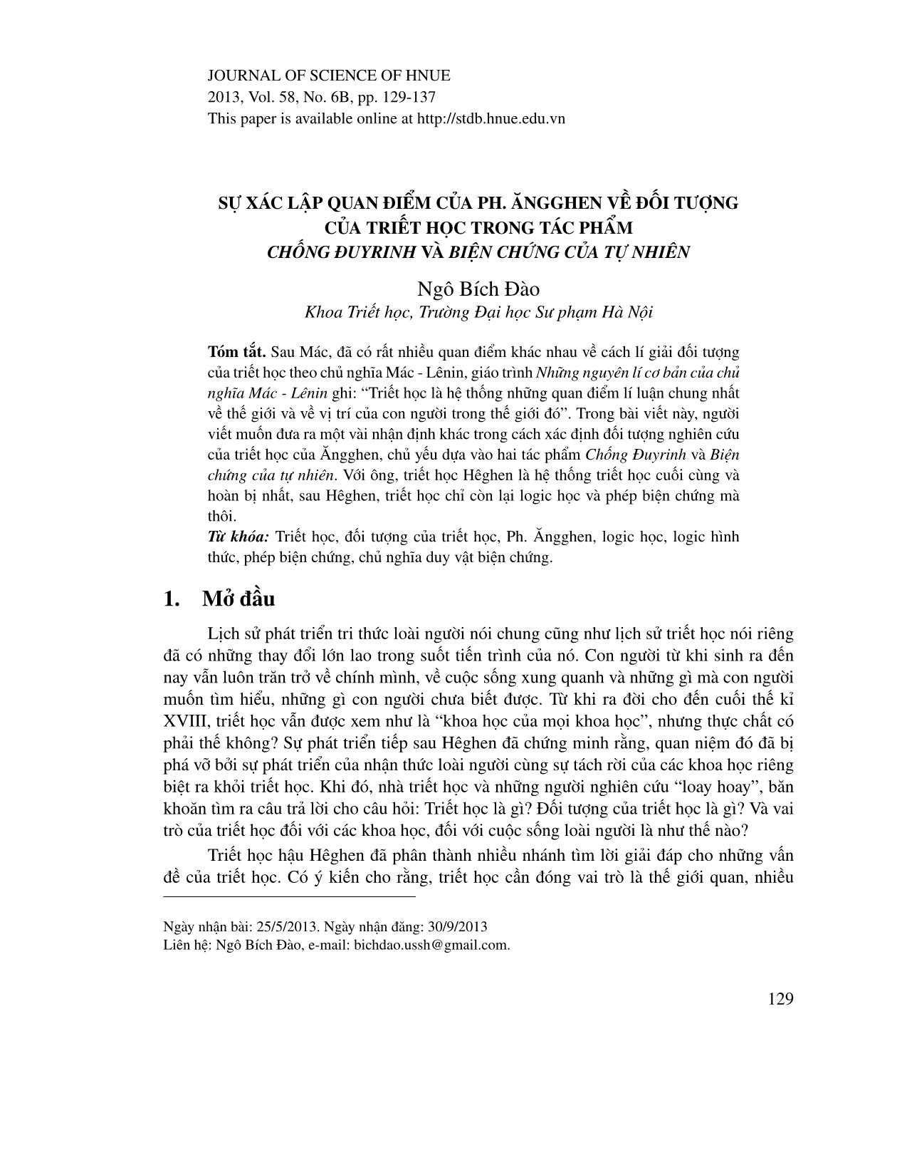 Sự xác lập quan điểm của Ph. Ăngghen về đối tượng của triết học trong tác phẩm Chống Đuyrinh và biện chứng của tự nhiên trang 1