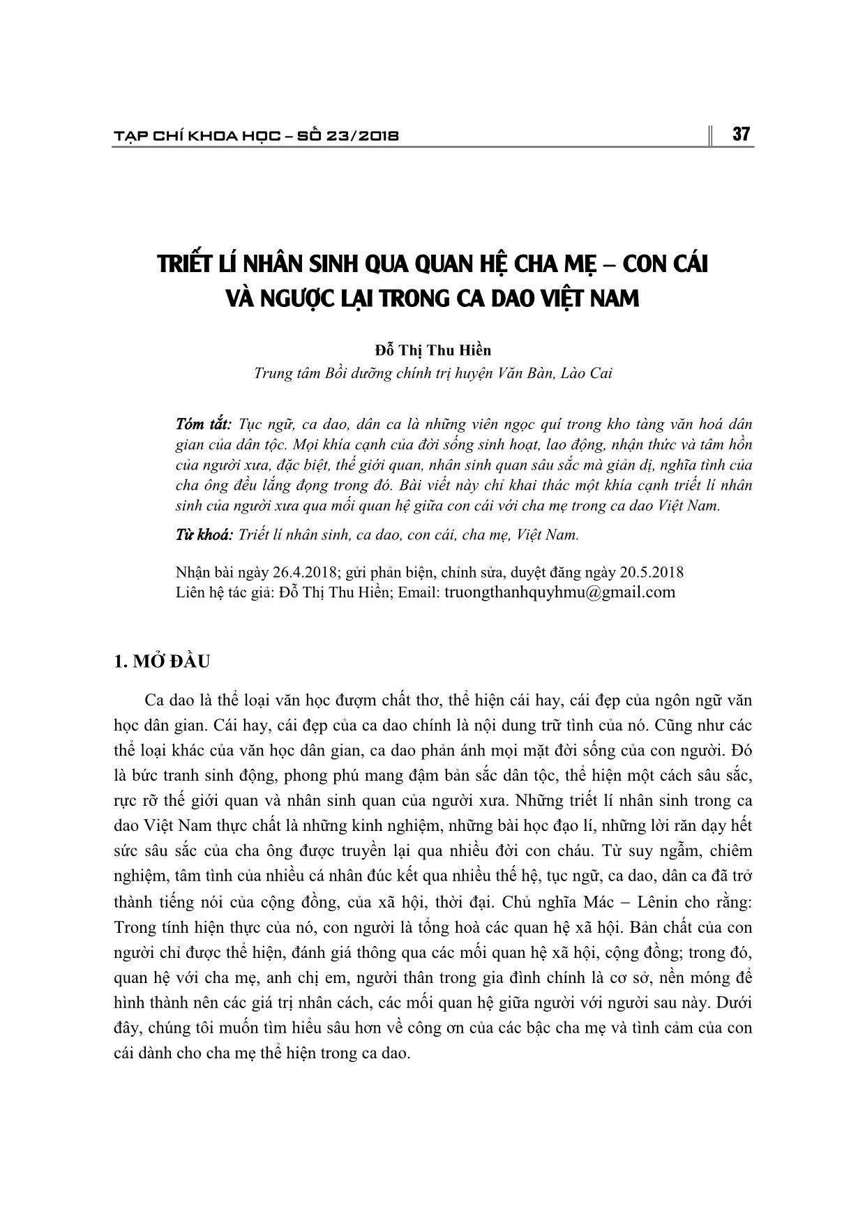 Triết lí nhân sinh qua quan hệ cha mẹ - con cái và ngược lại trong ca dao Việt Nam trang 1