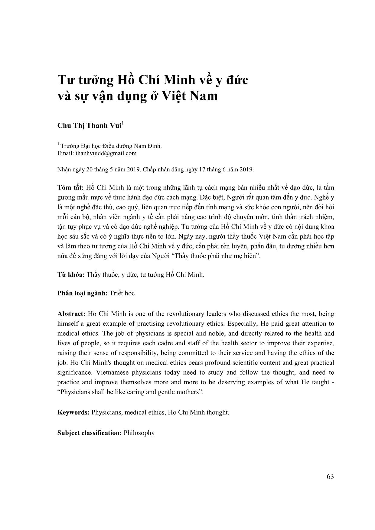 Tư tưởng Hồ Chí Minh về y đức và sự vận dụng ở Việt Nam trang 1