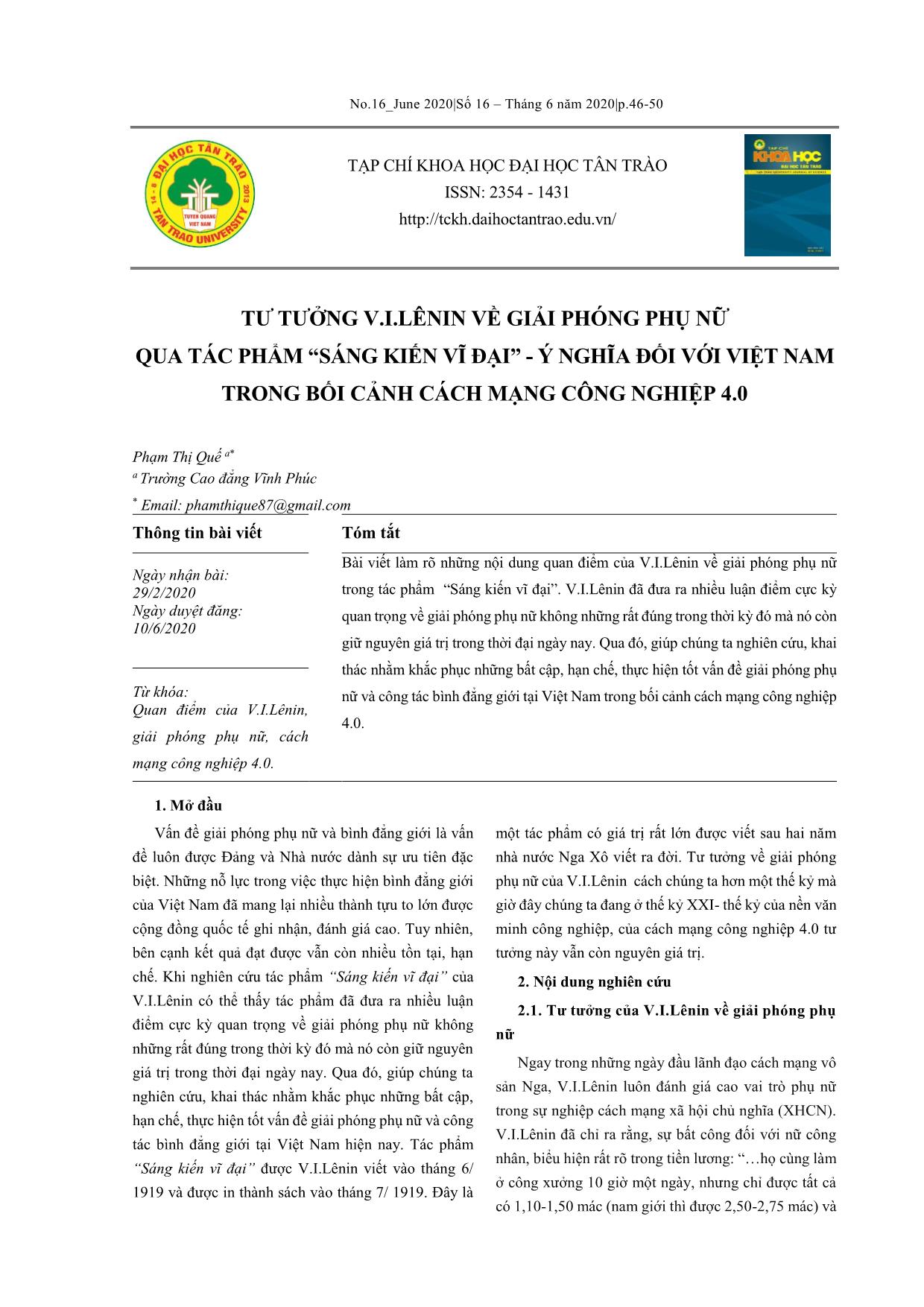 Tư tưởng V.I.Lênin về giải phóng phụ nữ qua tác phẩm “Sáng kiến vĩ đại” - Ý nghĩa đối với Việt Nam trong bối cảnh cách mạng công nghiệp 4.0 trang 1