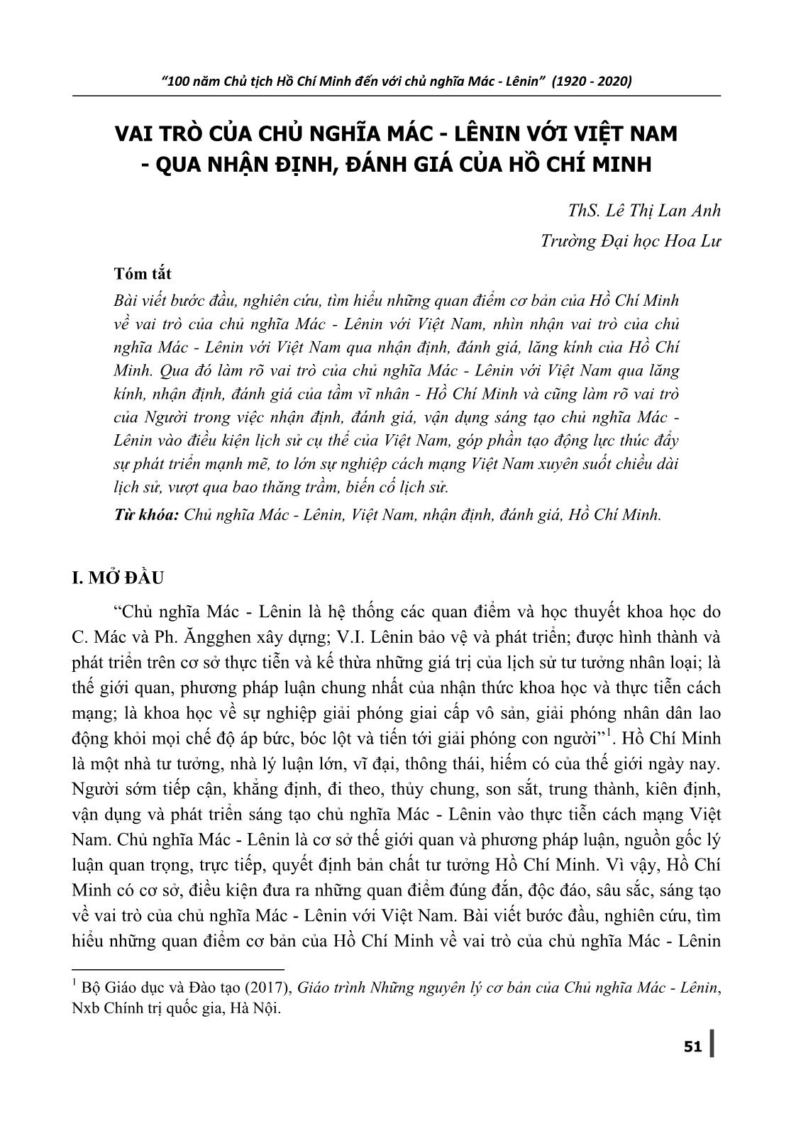Vai trõ của chủ nghĩa Mác-Lênin với Việt Nam - Qua nhận định, đánh giá của Hồ Chí Minh trang 1