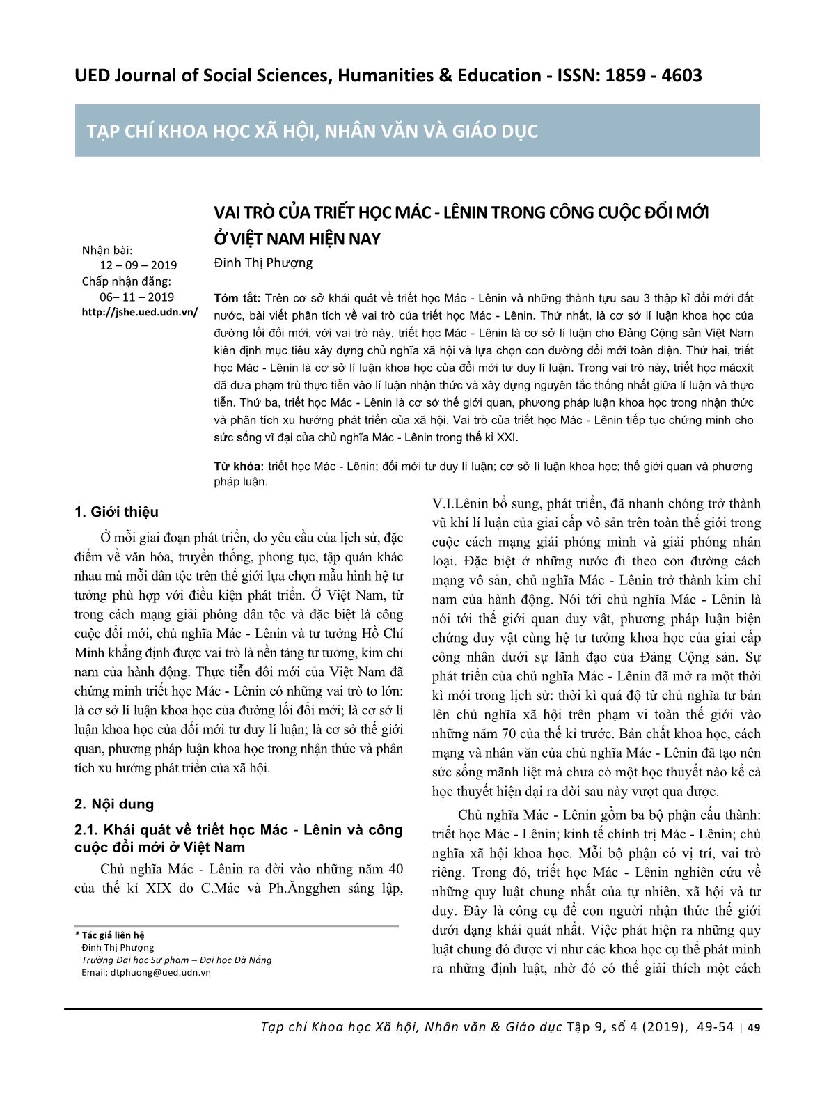 Vai trò của triết học Mác-Lênin trong công cuộc đổi mới ở Việt Nam hiện nay trang 1