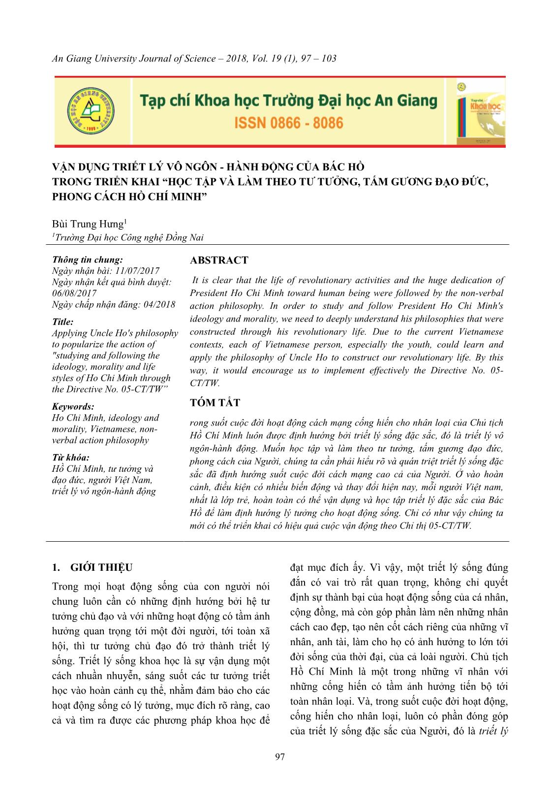Vận dụng triết lý vô ngôn - Hành động của Bác Hồ trong triển khai “Học tập và làm theo tư tưởng, tấm gương đạo đức, phong cách Hồ Chí Minh” trang 1