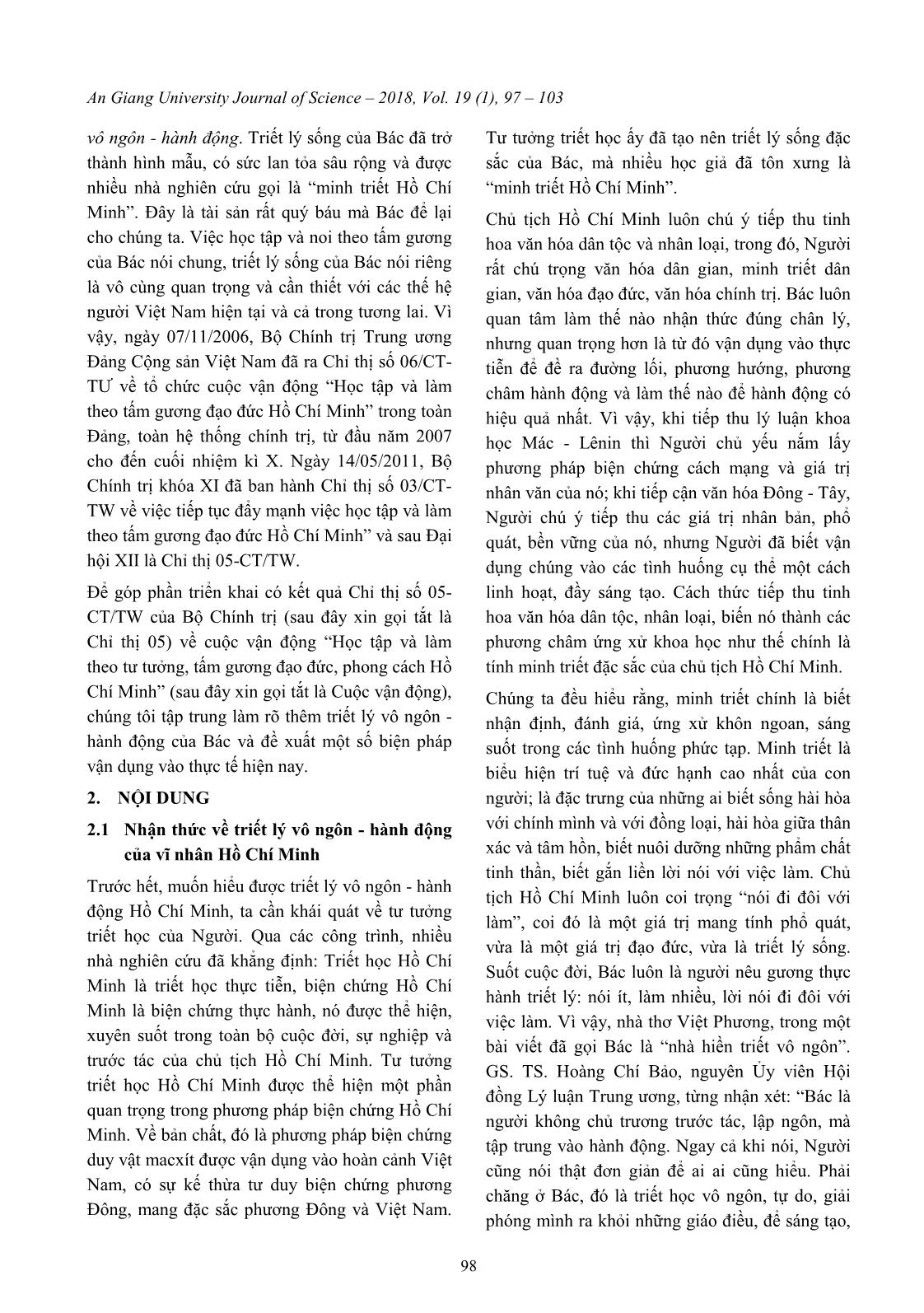 Vận dụng triết lý vô ngôn - Hành động của Bác Hồ trong triển khai “Học tập và làm theo tư tưởng, tấm gương đạo đức, phong cách Hồ Chí Minh” trang 2