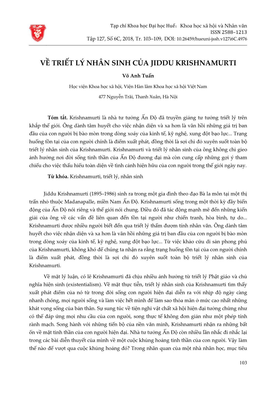 Về triết lý nhân sinh của Jiddu Krishnamurti trang 1