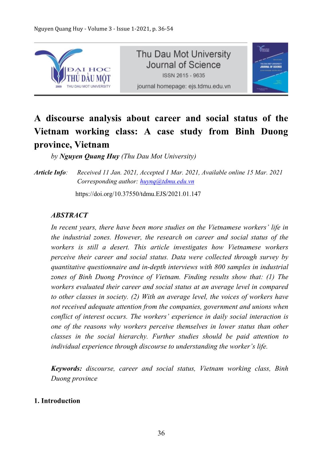 A discourse analysis about career and social status of the Vietnam working class: A case study from Binh Duong province, Vietnam trang 1