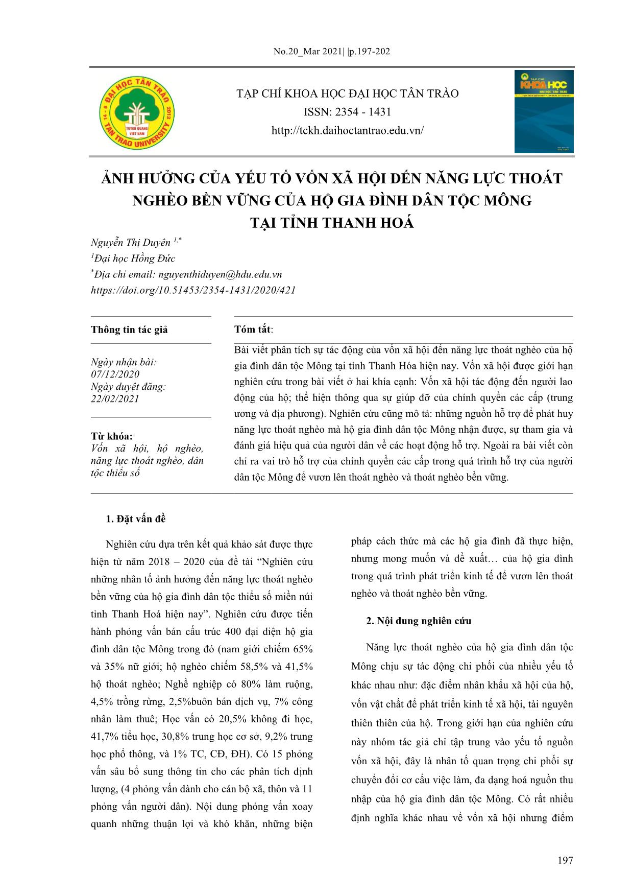 Ảnh hưởng của yếu tố vốn xã hội đến năng lực thoát nghèo bền vững của hộ gia đình dân tộc Mông tại tỉnh Thanh Hoá trang 1