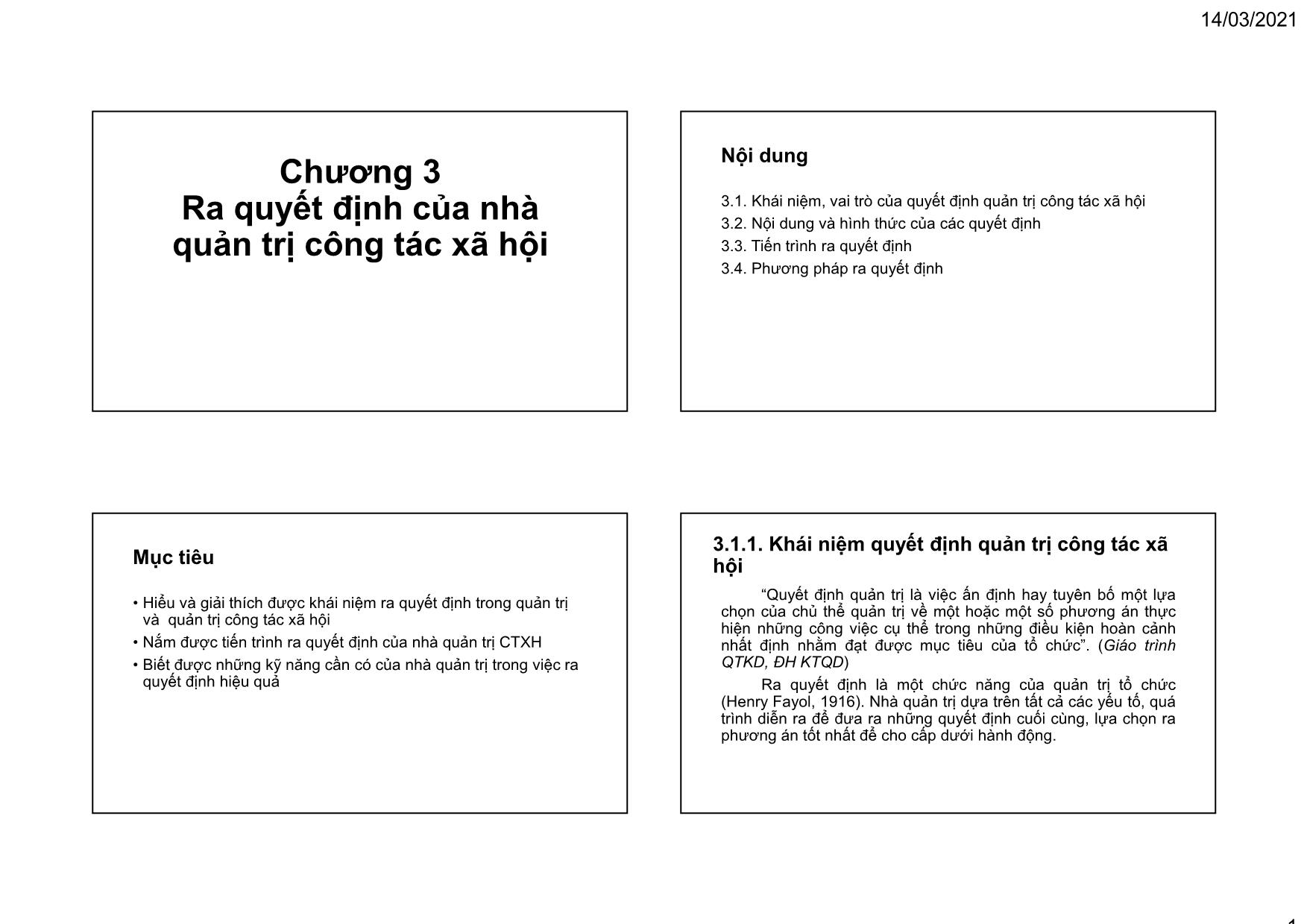 Bài giảng Quản trị ngành Công tác xã hội - Chương 3: Ra quyết định của nhà quản trị công tác xã hội - Hoàng Thị Kim Oanh trang 1