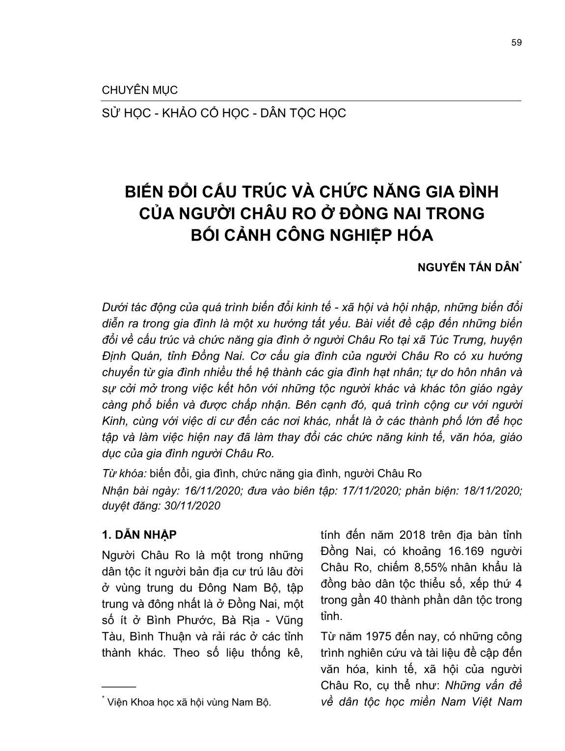 Biến đổi cấu trúc và chức năng gia đình của người Châu Ro ở Đồng Nai trong bối cảnh công nghiệp hóa trang 1