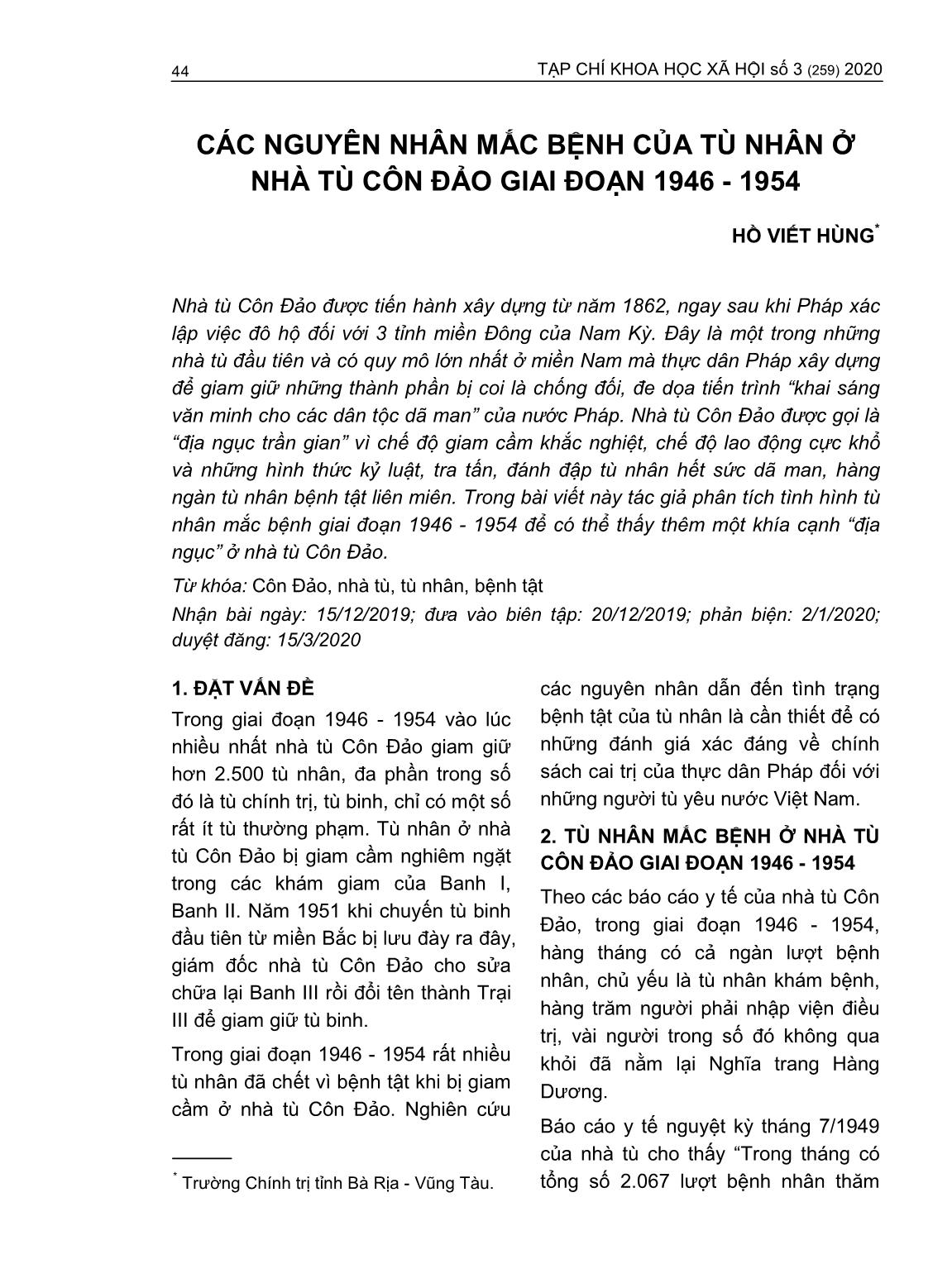 Các nguyên nhân mắc bệnh của tù nhân ở nhà tù Côn Đảo giai đoạn 1946-1954 trang 1