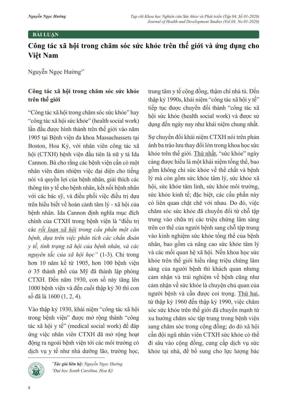 Công tác xã hội trong chăm sóc sức khỏe trên thế giới và ứng dụng cho Việt Nam trang 1
