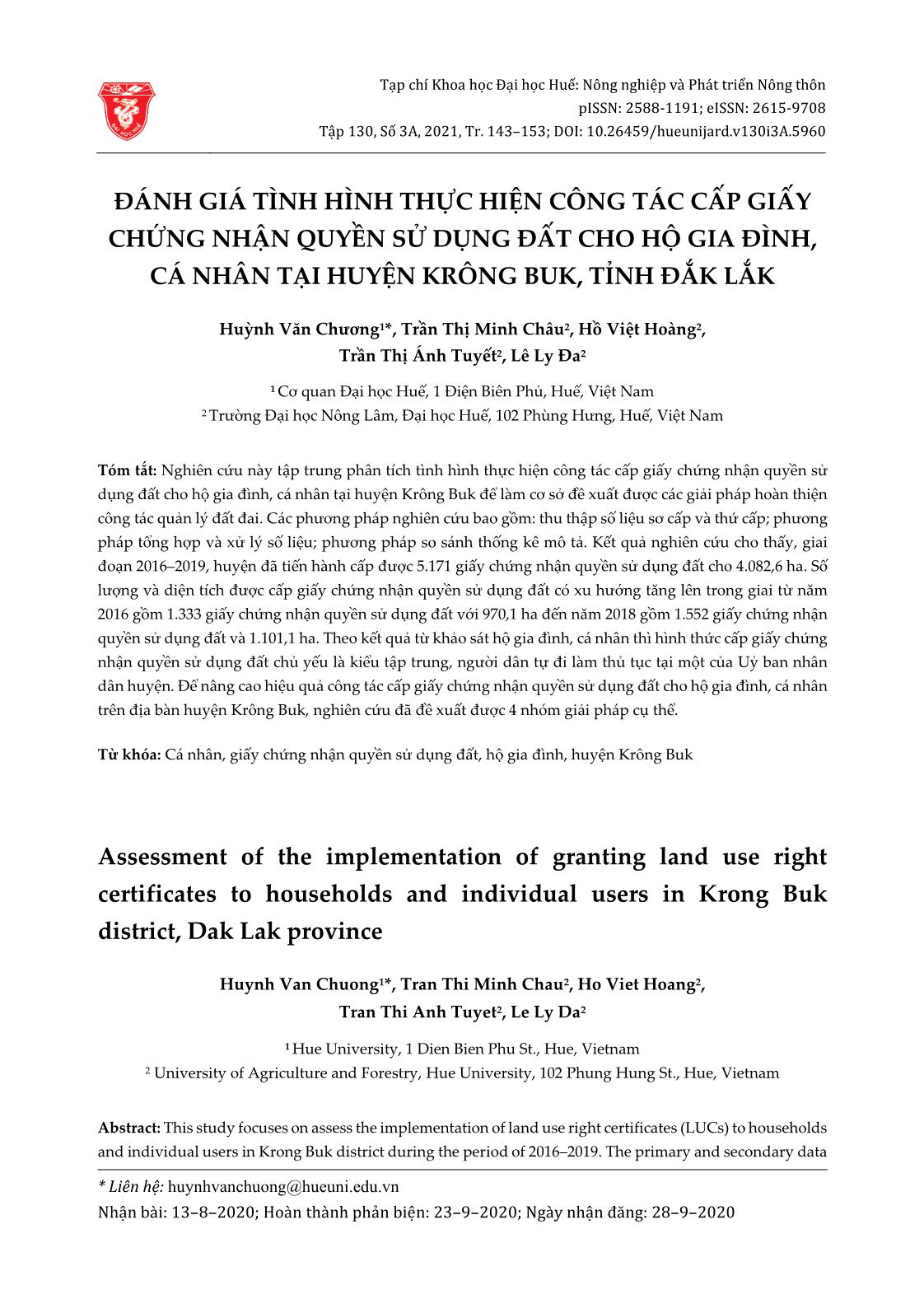 Đánh giá tình hình thực hiện công tác cấp giấy chứng nhận quyền sử dụng đất cho hộ gia đình, cá nhân tại huyện Krông Buk, tỉnh Đắk Lắk trang 1