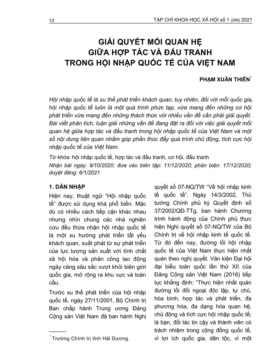 Giải quyết mối quan hệ giữa hợp tác và đấu tranh trong hội nhập quốc tế của Việt Nam trang 1