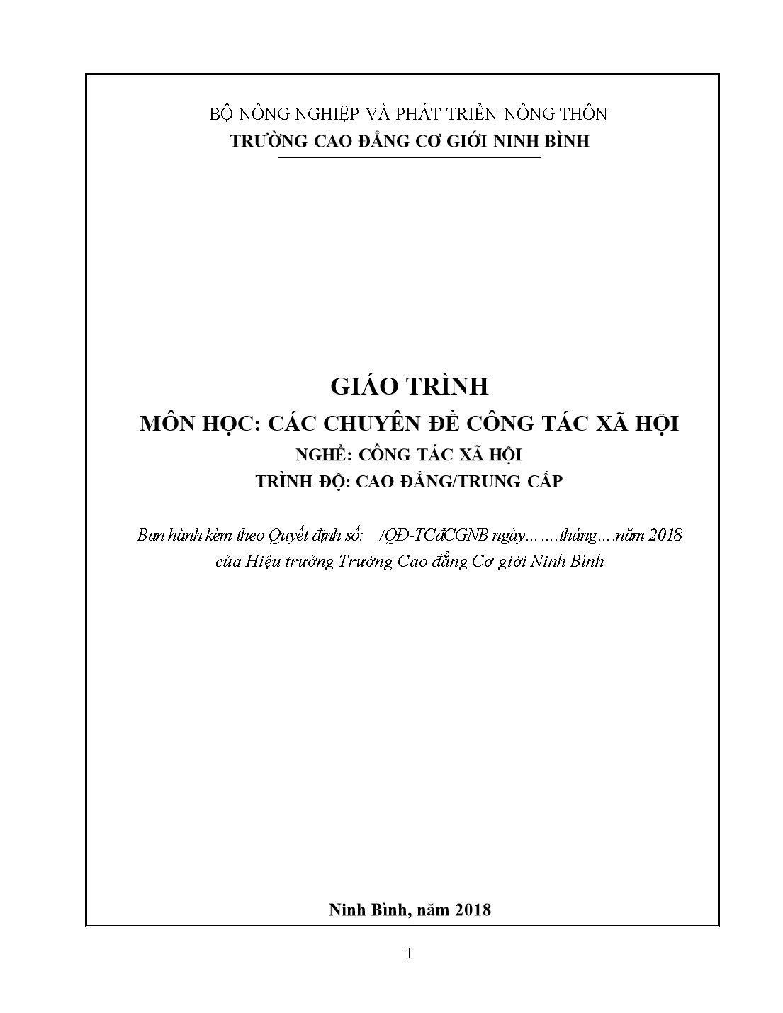 Giáo trình Các chuyên đề công tác xã hội trang 1