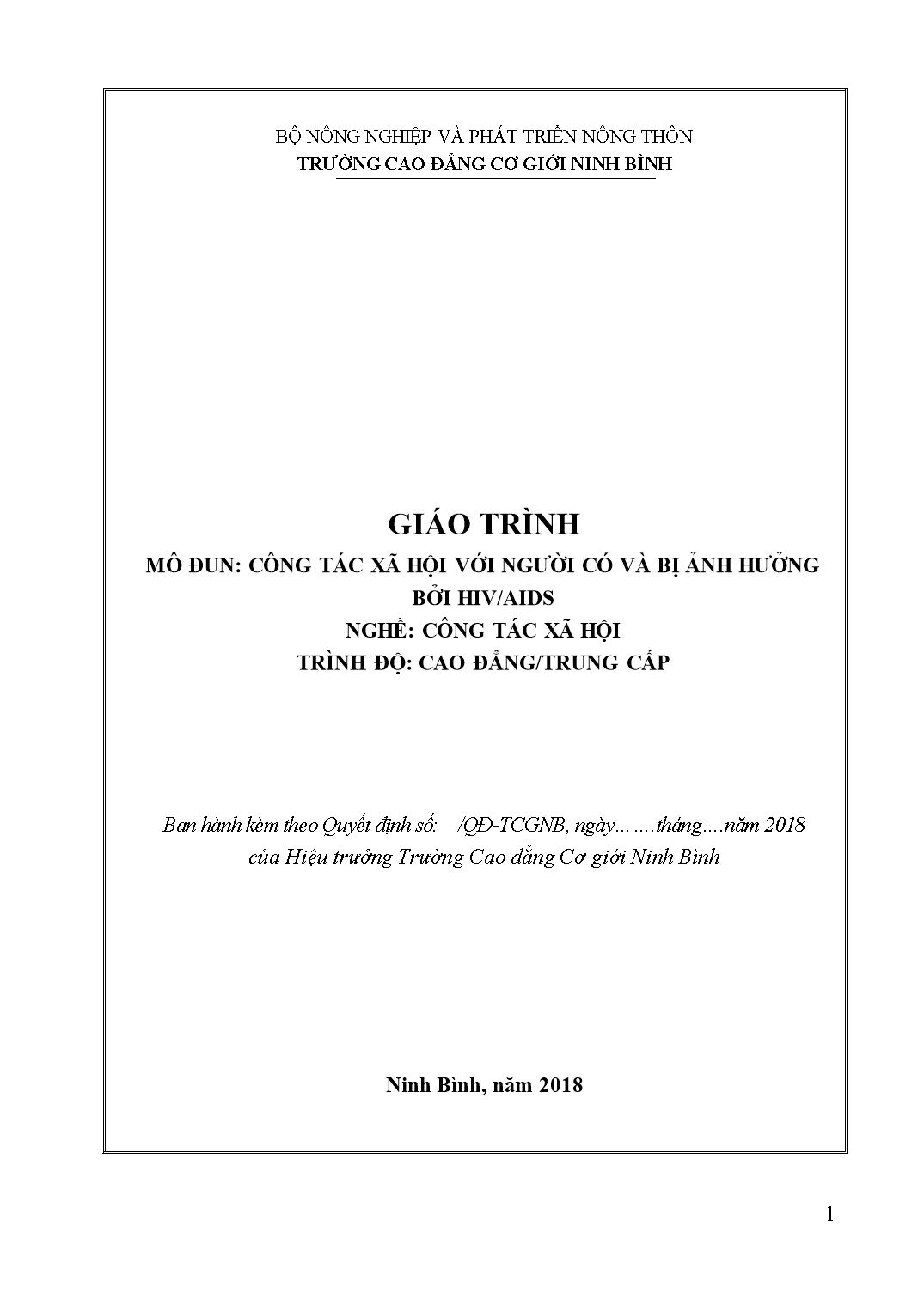 Giáo trình mô đun Công tác xã hội với người có và bị ảnh hưởng bởi HIV/AIDS trang 1