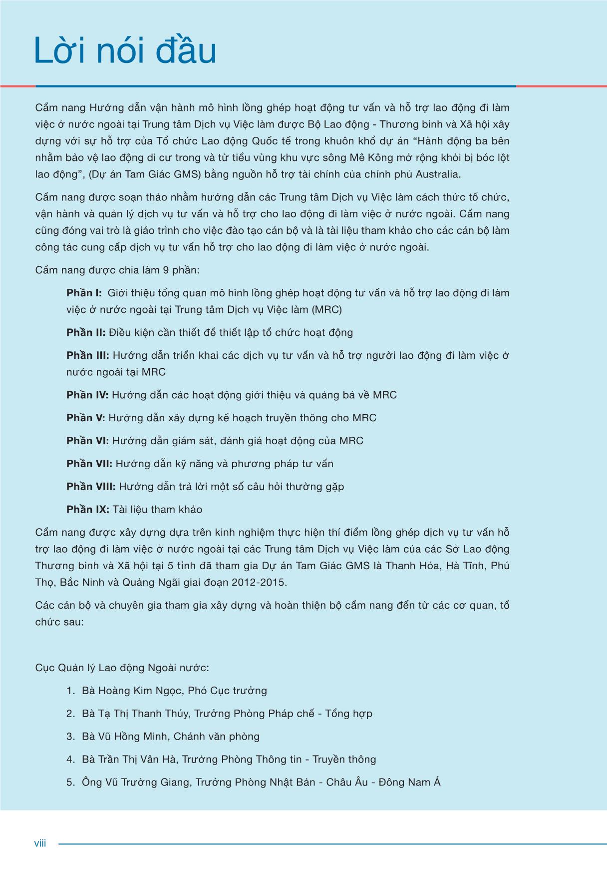 Cẩm nang Hướng dẫn Vận hành mô hình lồng ghép hoạt động tư vấn và hỗ trợ lao động đi làm việc ở nước ngoài tại Trung tâm dịch vụ việc làm trang 8