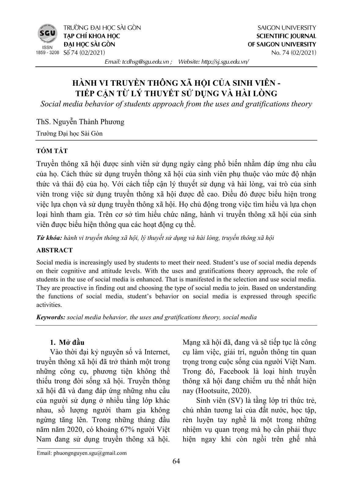 Hành vi truyền thông xã hội của sinh viên - Tiếp cận từ lý thuyết sử dụng và hài lòng trang 1