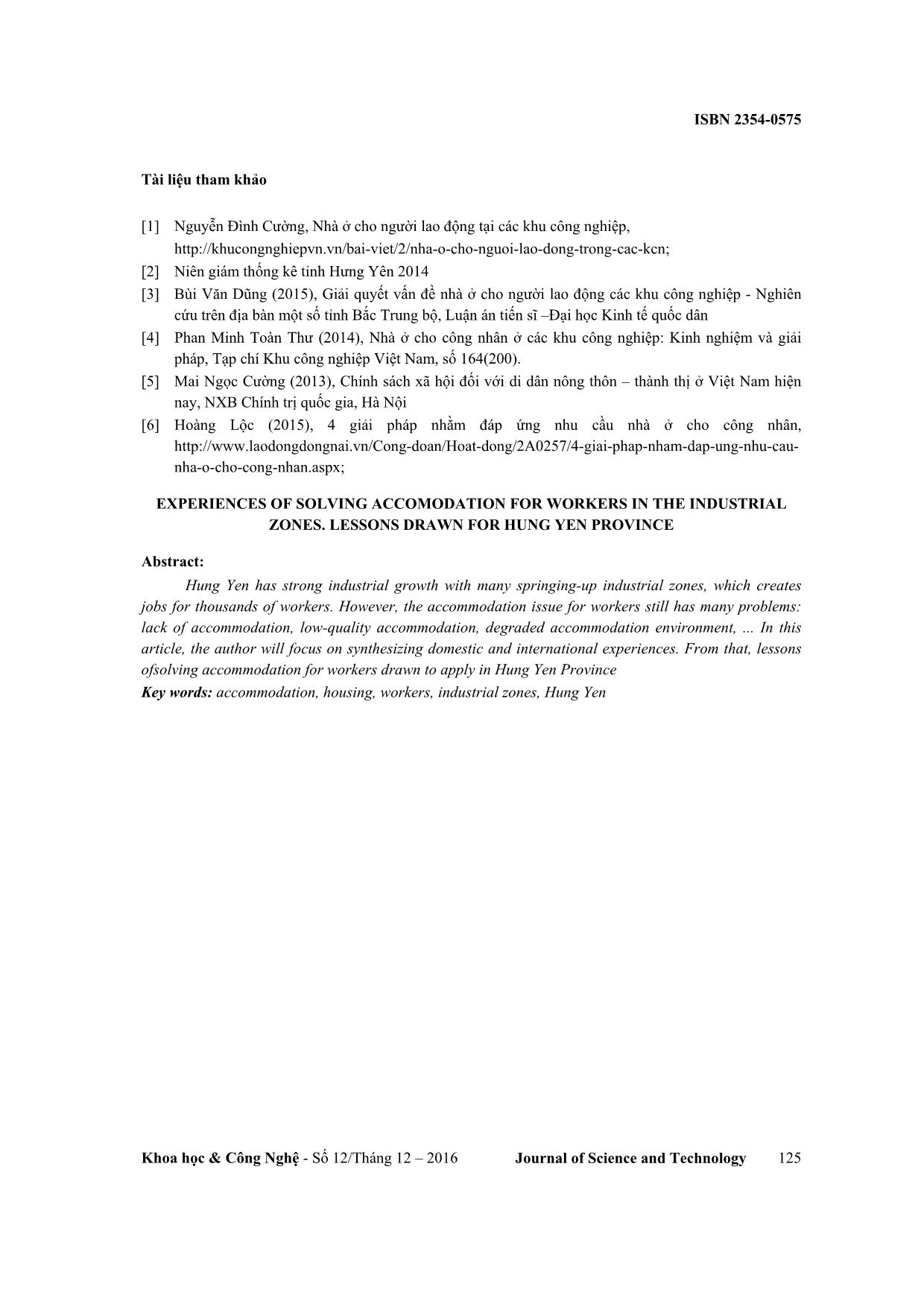 Kinh nghiệm giải quyết chỗ ở cho người lao động tại các khu công nghiệp. Bài học rút ra đối với tỉnh Hưng Yên trang 6