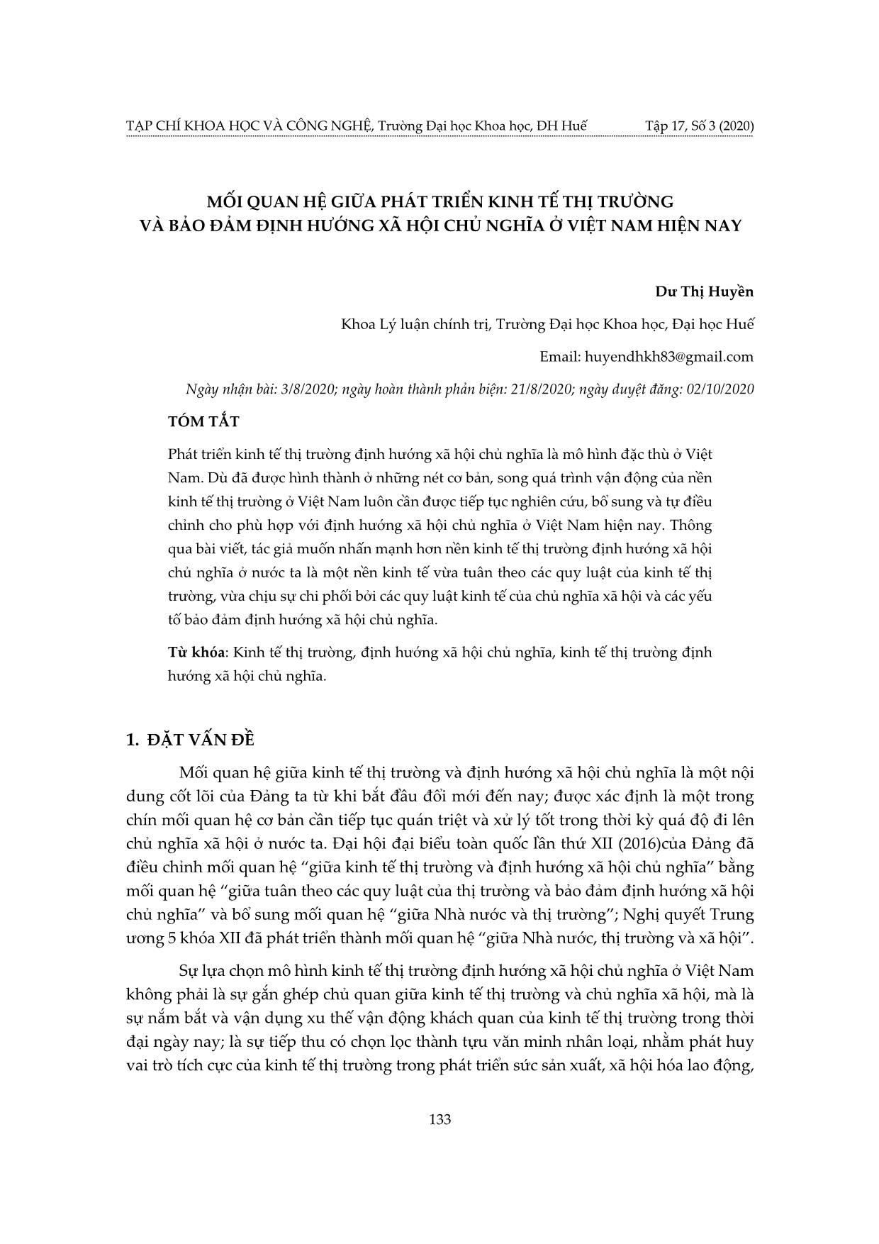 Mối quan hệ giữa phát triển kinh tế thị trường và bảo đảm định hướng xã hội chủ nghĩa ở Việt Nam hiện nay trang 1