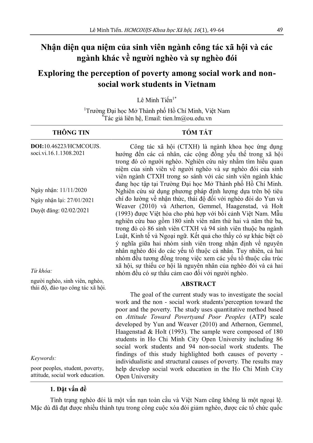Nhận diện qua niệm của sinh viên ngành công tác xã hội và các ngành khác về người nghèo và sự nghèo đói trang 1