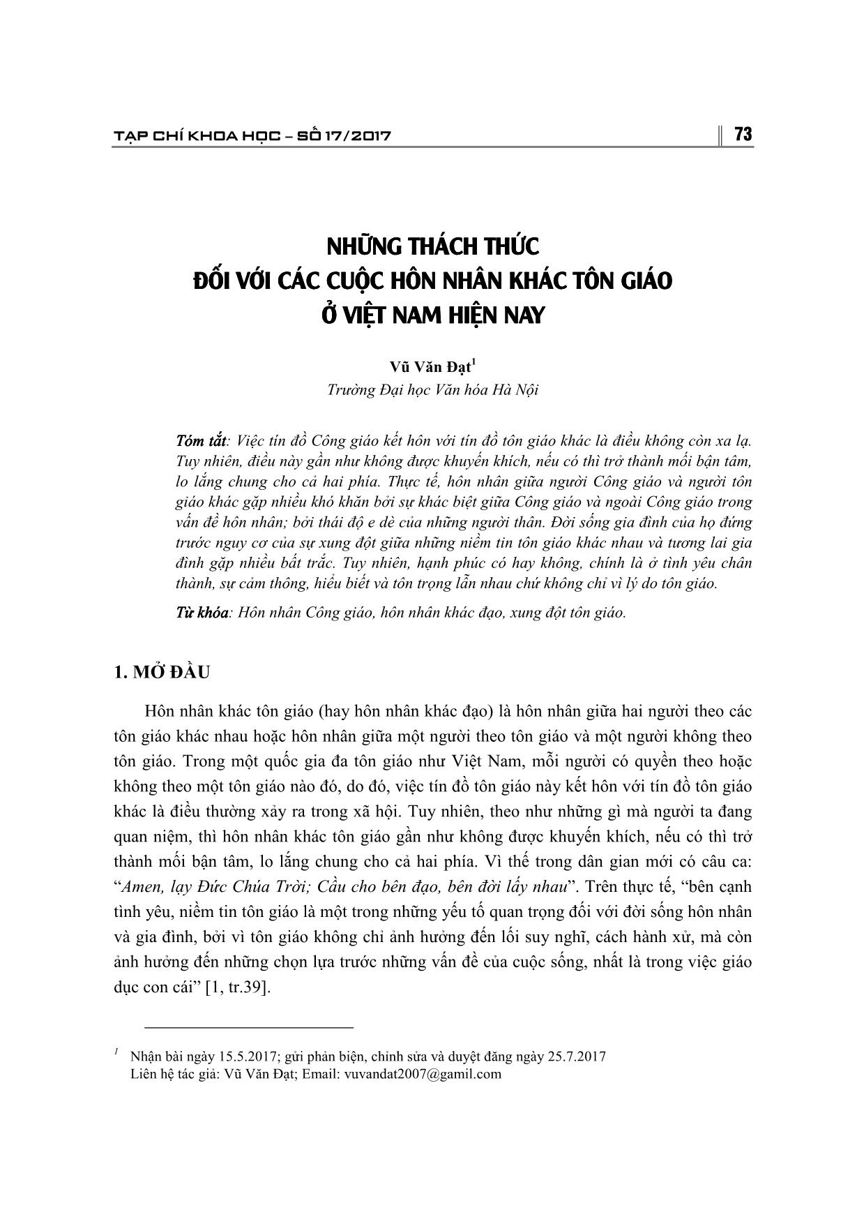 Những thách thức đối với cuộc hôn nhân khác tôn giáo ở Việt Nam hiện nay trang 1