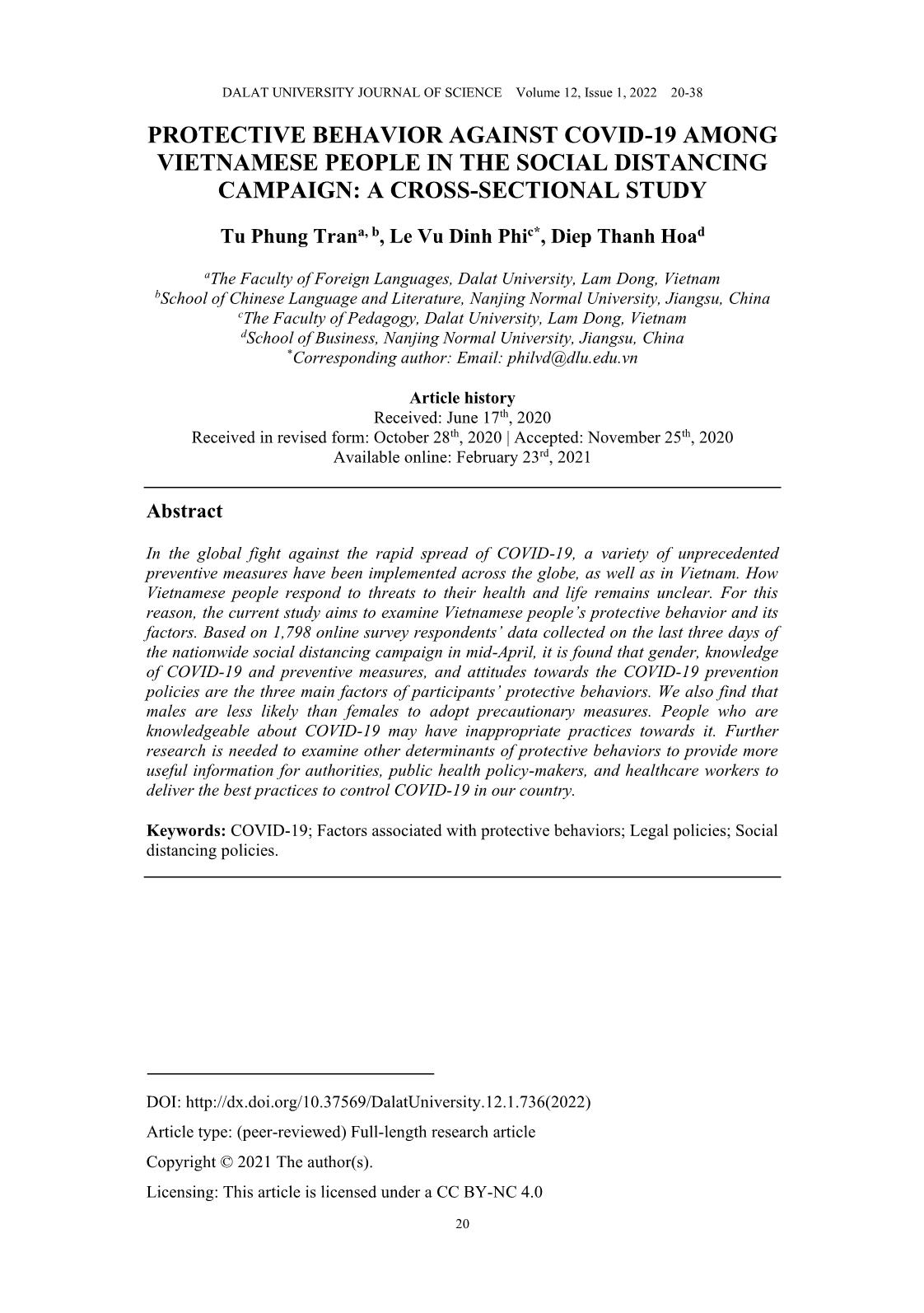 Protective behavior against Covid-19 among Vietnamese people in the social distancing campaign: A cross-sectional study trang 1