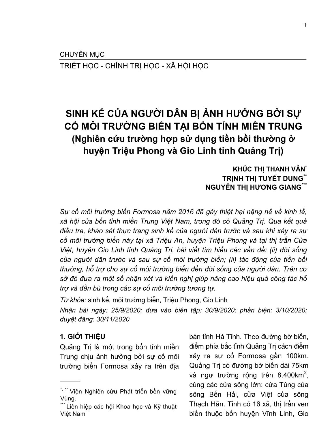 Sinh kế của người dân bị ảnh hưởng bởi sự cố môi trường biển tại bốn tỉnh miền Trung (Nghiên cứu trường hợp sử dụng tiền bồi thường ở huyện Triệu Phong và Gio Linh tỉnh Quảng Trị) trang 1