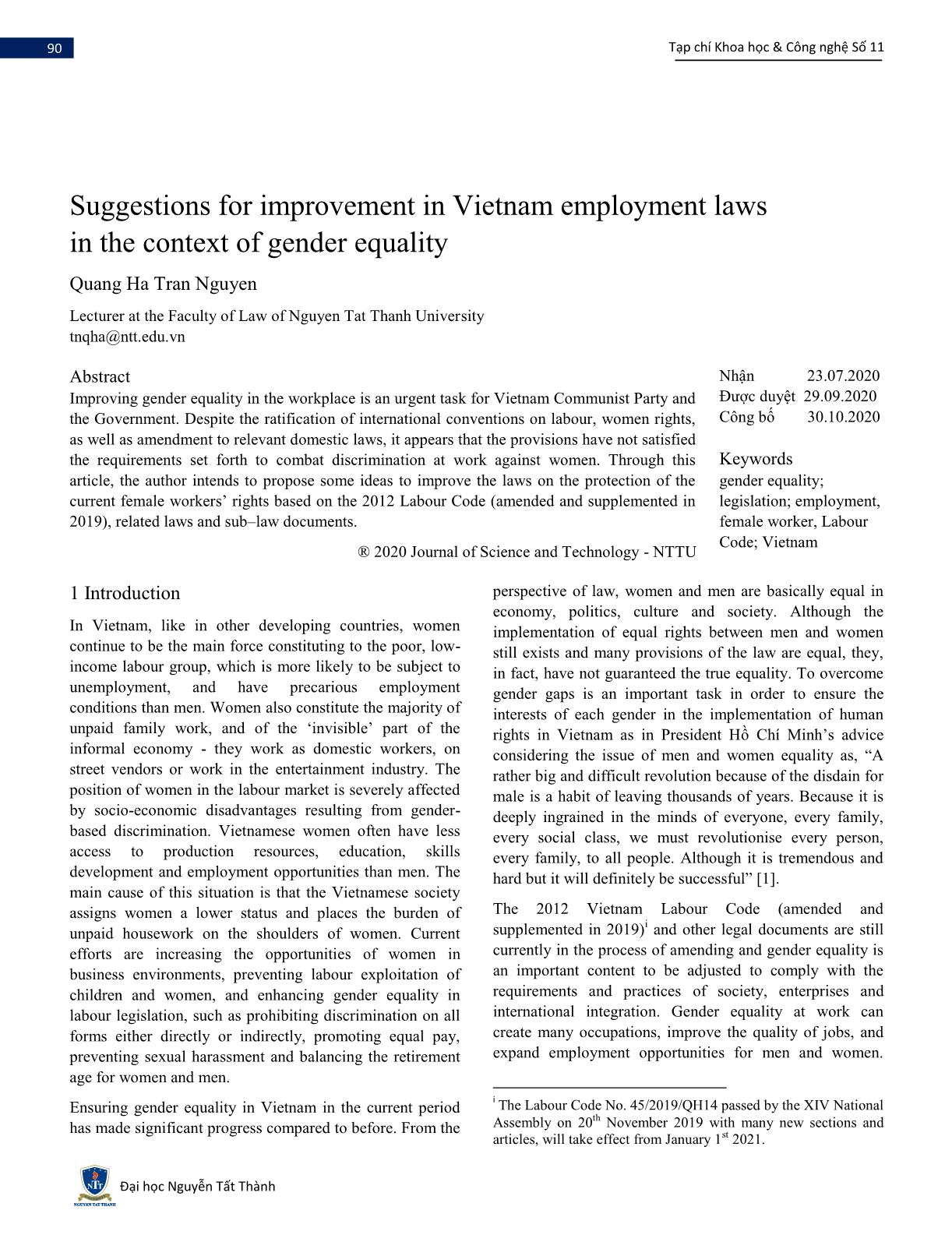 Suggestions for improvement in Vietnam employment laws in the context of gender equality trang 1