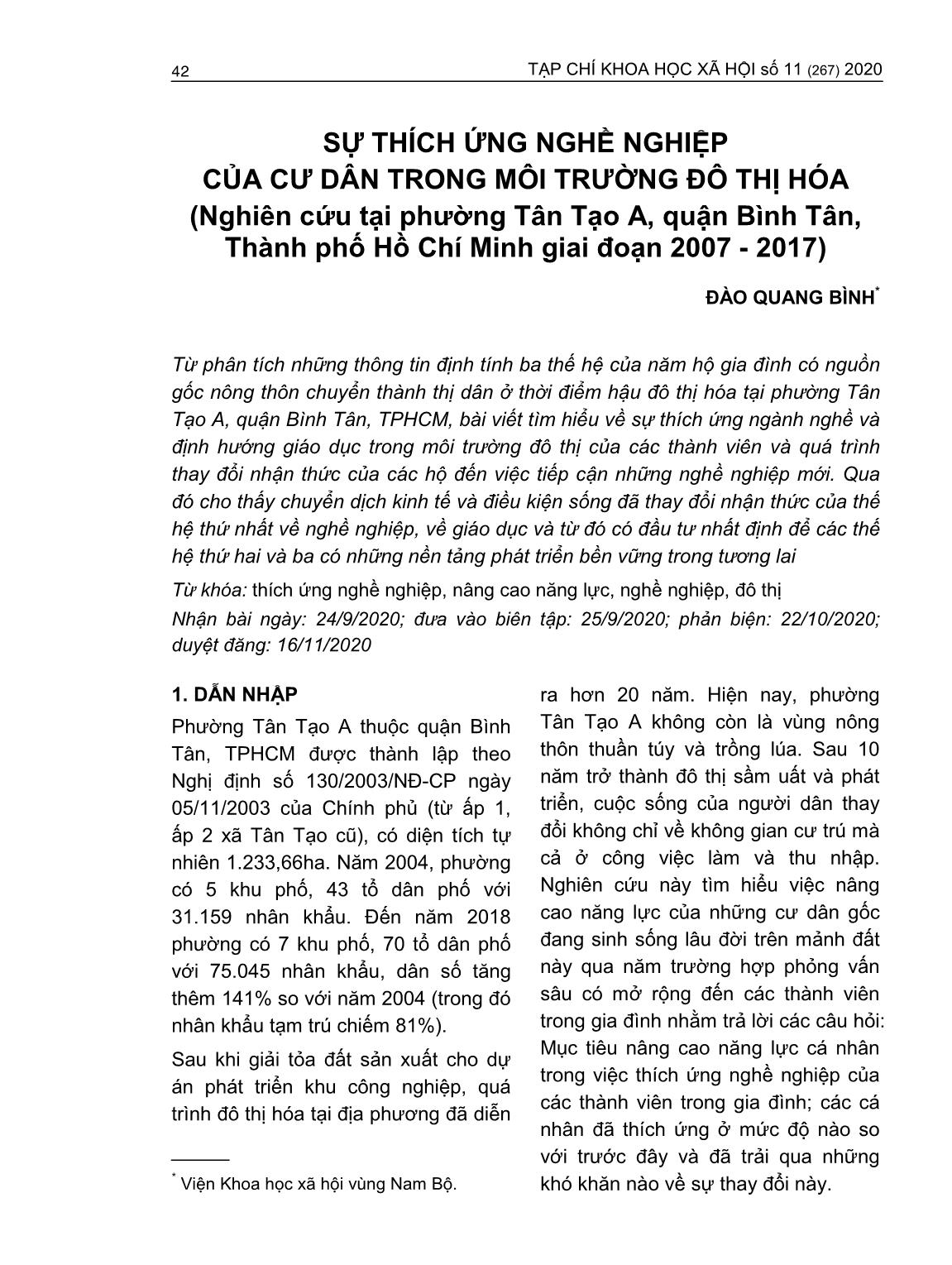 Sự thích ứng nghề nghiệp của cư dân trong môi trường đô thị hóa (Nghiên cứu tại phường Tân Tạo A, quận Bình Tân, Thành phố Hồ Chí Minh giai đoạn 2007-2017) trang 1