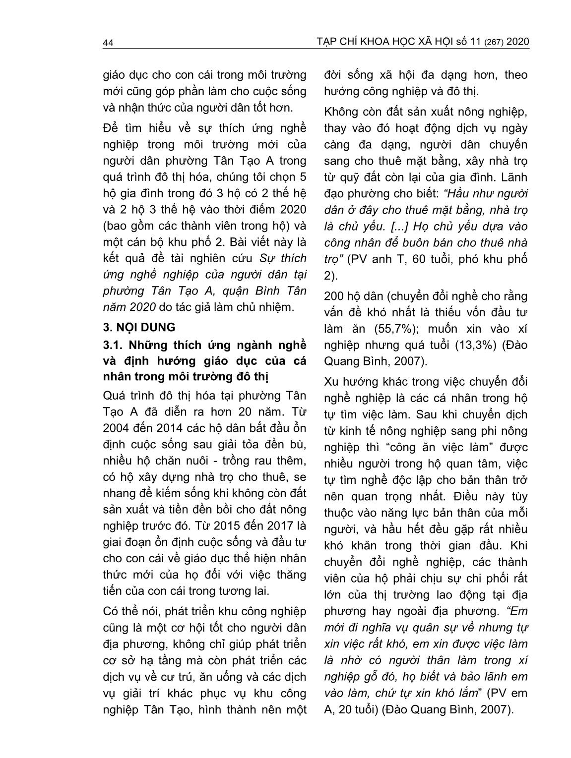 Sự thích ứng nghề nghiệp của cư dân trong môi trường đô thị hóa (Nghiên cứu tại phường Tân Tạo A, quận Bình Tân, Thành phố Hồ Chí Minh giai đoạn 2007-2017) trang 3