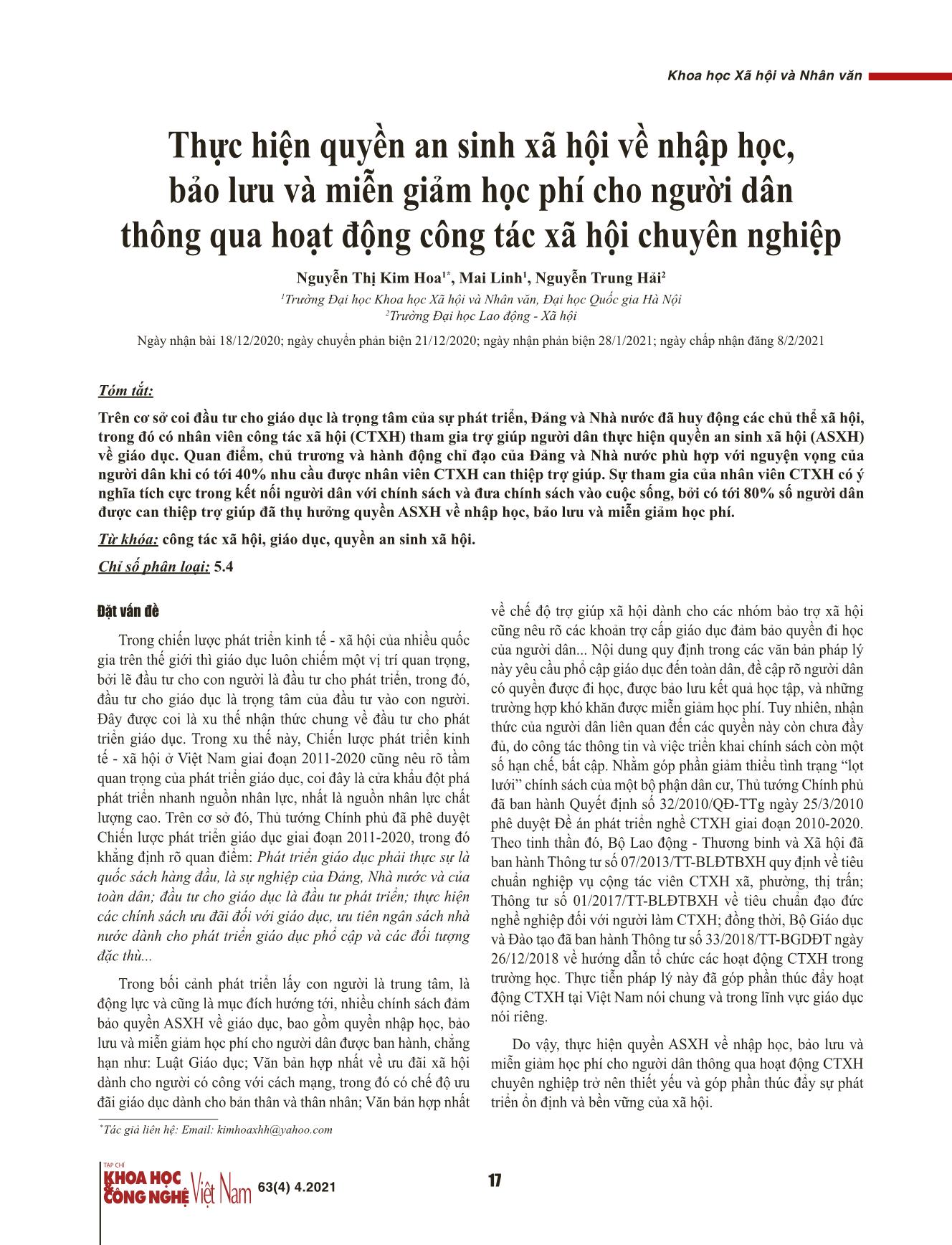 Thực hiện quyền an sinh xã hội về nhập học, bảo lưu và miễn giảm học phí cho người dân thông qua hoạt động công tác xã hội chuyên nghiệp trang 1