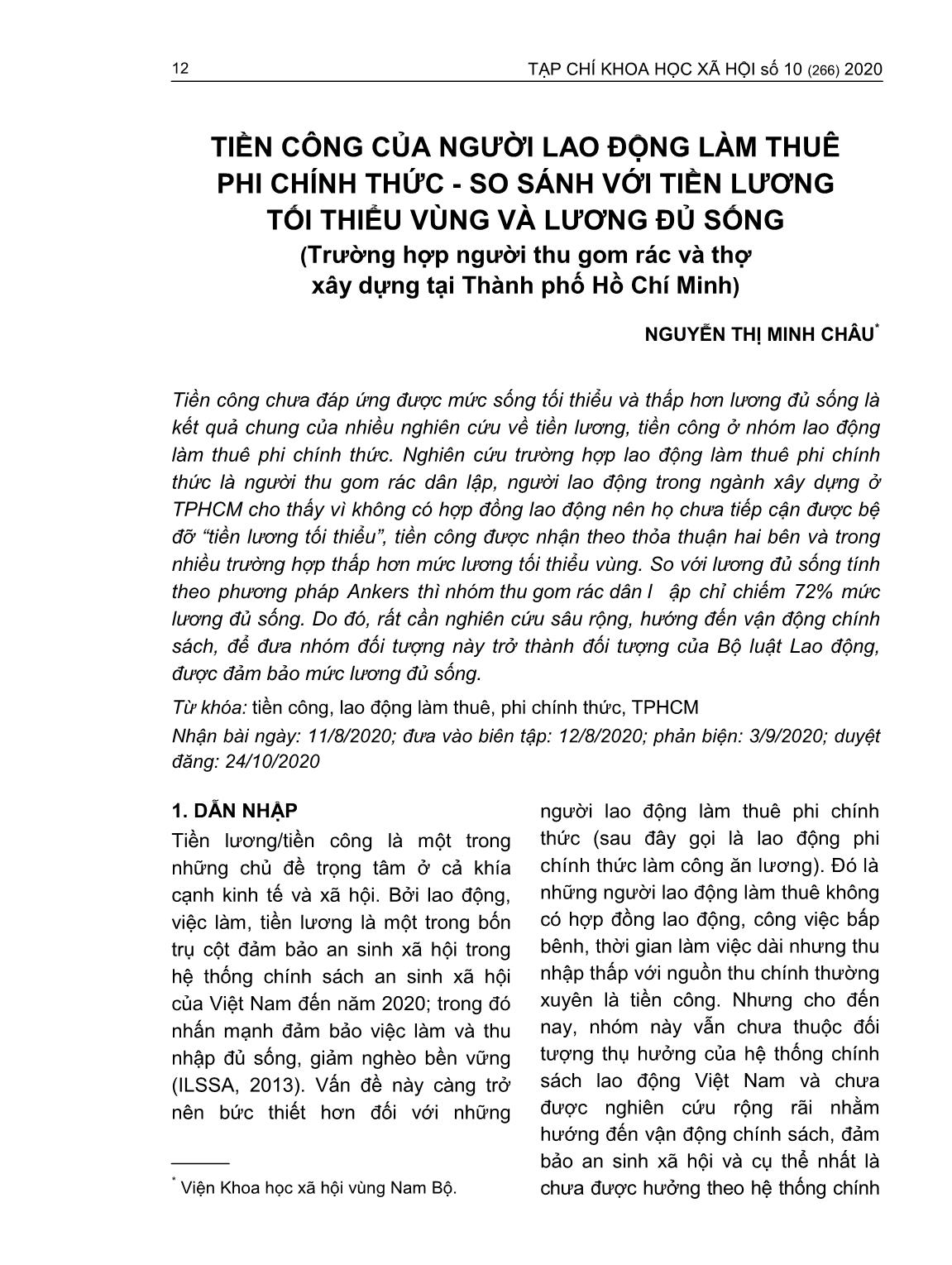 Tiền công của người lao động làm thuê phi chính thức - So sánh với tiền lương tối thiểu vùng và lương đủ sống (Trường hợp người thu gom rác và thợ xây dựng tại thành phố Hồ Chí Minh) trang 1