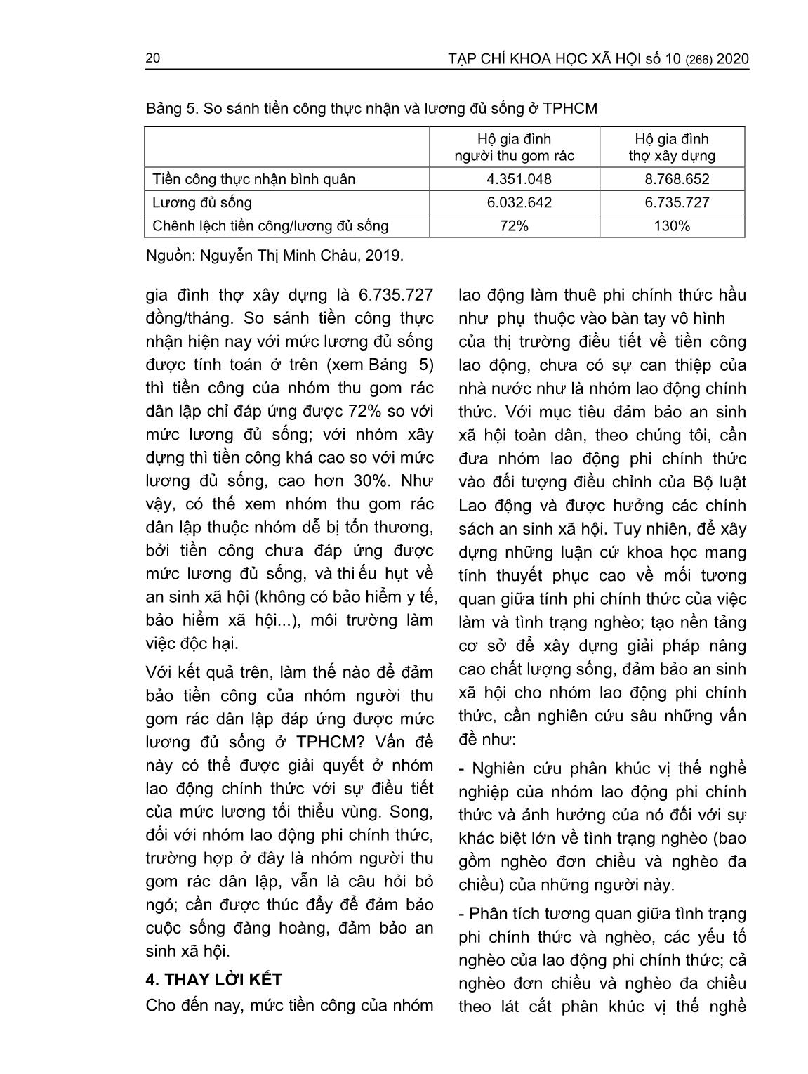 Tiền công của người lao động làm thuê phi chính thức - So sánh với tiền lương tối thiểu vùng và lương đủ sống (Trường hợp người thu gom rác và thợ xây dựng tại thành phố Hồ Chí Minh) trang 9