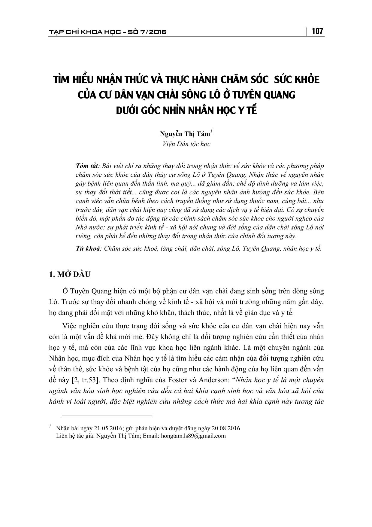 Tìm hiểu nhận thức và thực hành chăm sóc sức khỏe của cư dân vạn chài sông Lô ở Tuyên Quang dưới góc nhìn nhân học y tế trang 1