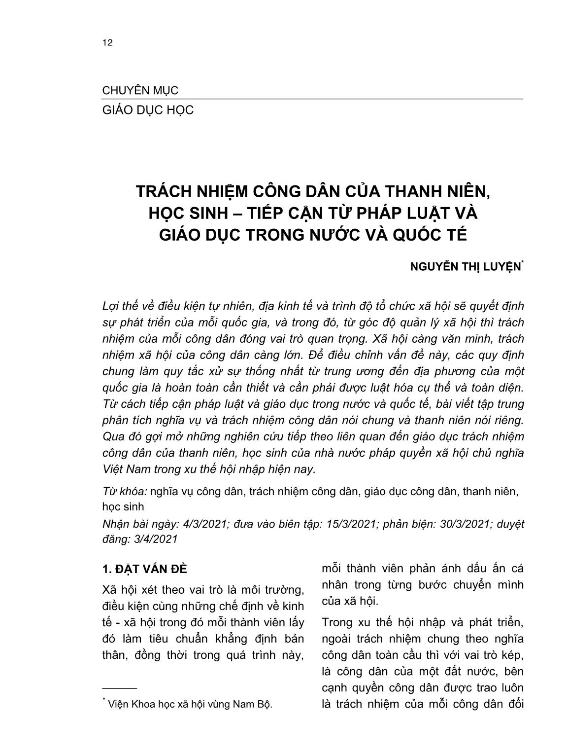 Trách nhiệm công dân của thanh niên, học sinh – Tiếp cận từ pháp luật và giáo dục trong nước và quốc tế trang 1