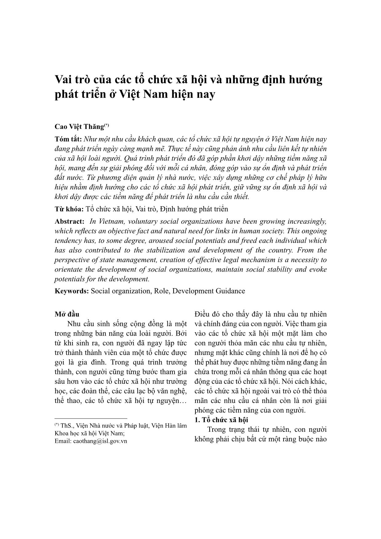 Vai trò của các tổ chức xã hội và những định hướng phát triển ở Việt Nam hiện nay trang 1
