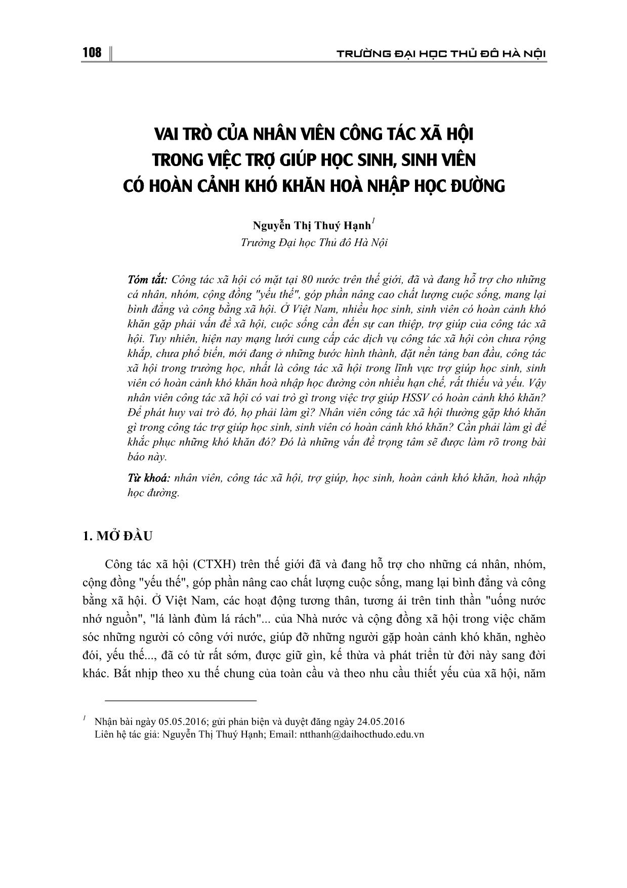 Vai trò của nhân viên công tác xã hội trong việc trợ giúp học sinh, sinh vên có hoàn cảnh khó khăn hòa nhập học đường trang 1