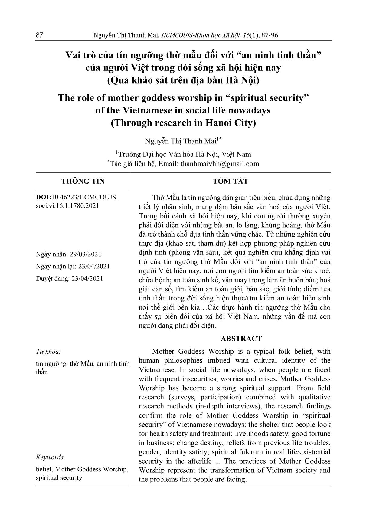 Vai trò của tín ngưỡng thờ Mẫu đối với “an ninh tinh thần” của người Việt trong đời sống xã hội hiện nay (Qua khảo sát trên địa bàn Hà Nội) trang 1