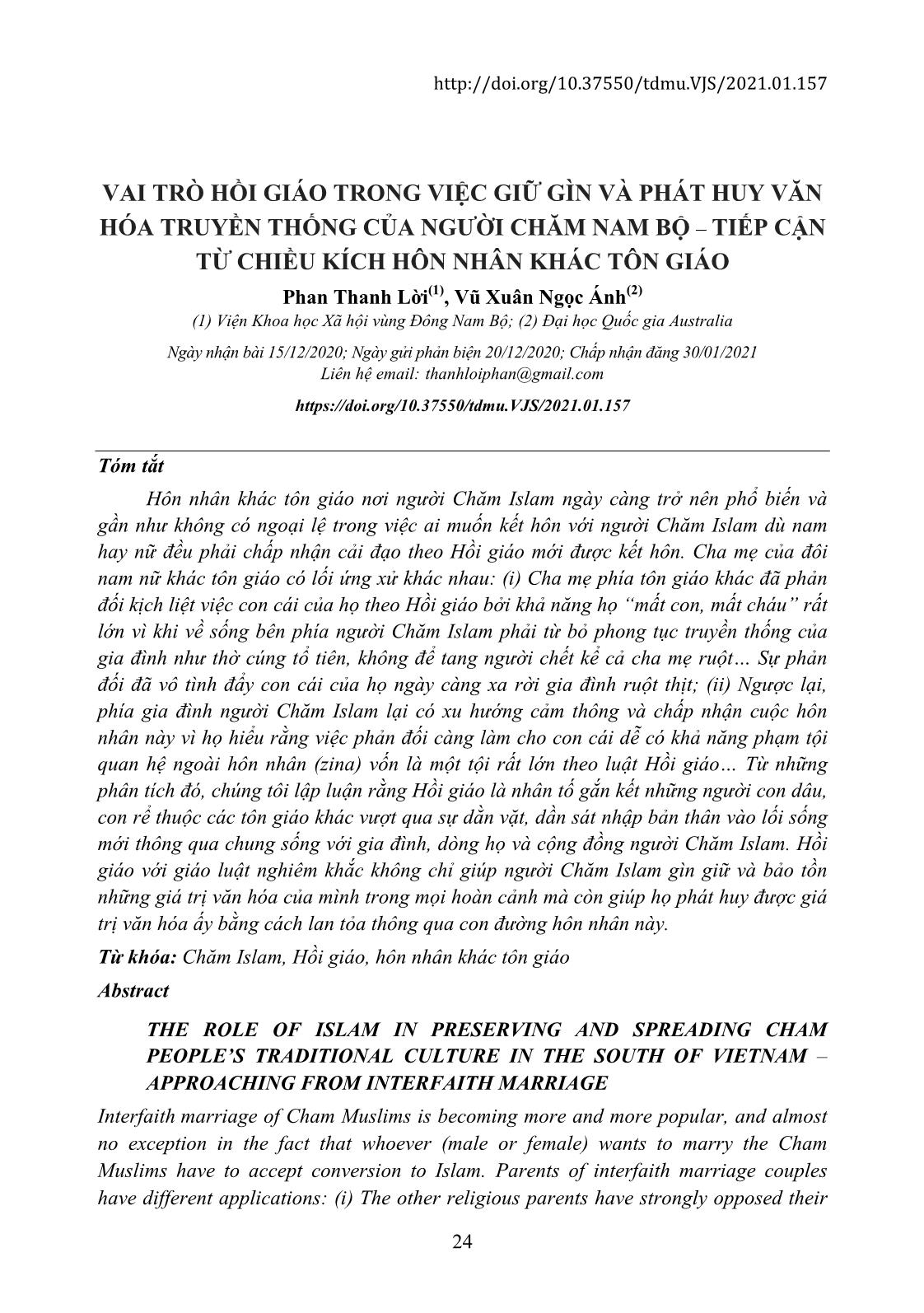 Vai trõ hồi giáo trong việc giữ gìn và phát huy văn hóa truyền thống của người Chăm Nam Bộ – Tiếp cận từ chiều kích hôn nhân khác tôn giáo trang 1