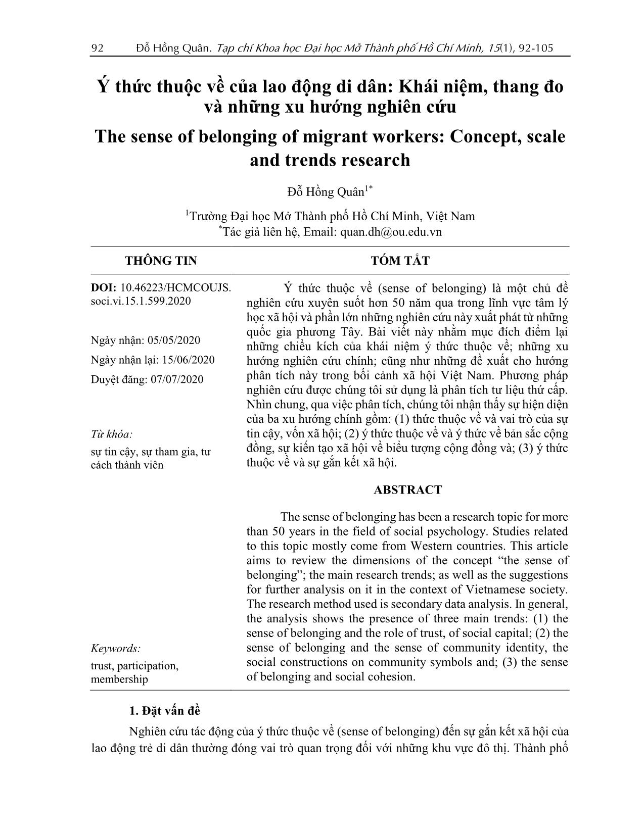 Ý thức thuộc về của lao động di dân: Khái niệm, thang đo và những xu hướng nghiên cứu trang 1