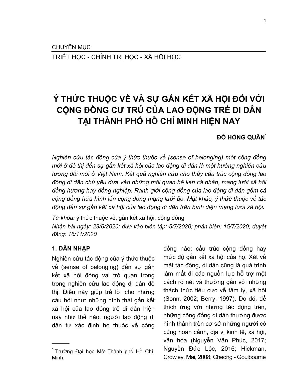 Ý thức thuộc về và sự gắn kết xã hội đối với cộng đồng cư trú của lao động trẻ di dân tại thành phố Hồ Chí Minh hiện nay trang 1