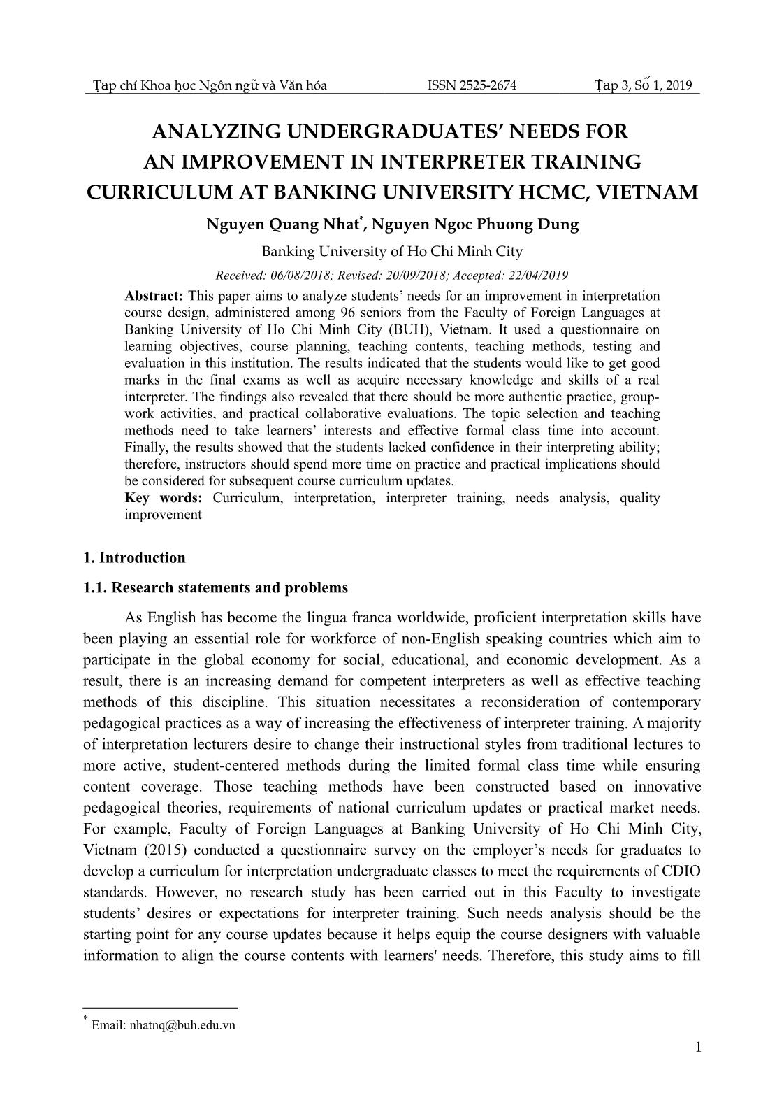 Analyzing undergraduates’ needs for an improvement in interpreter training curriculum at banking university HCMC, Vietnam trang 1